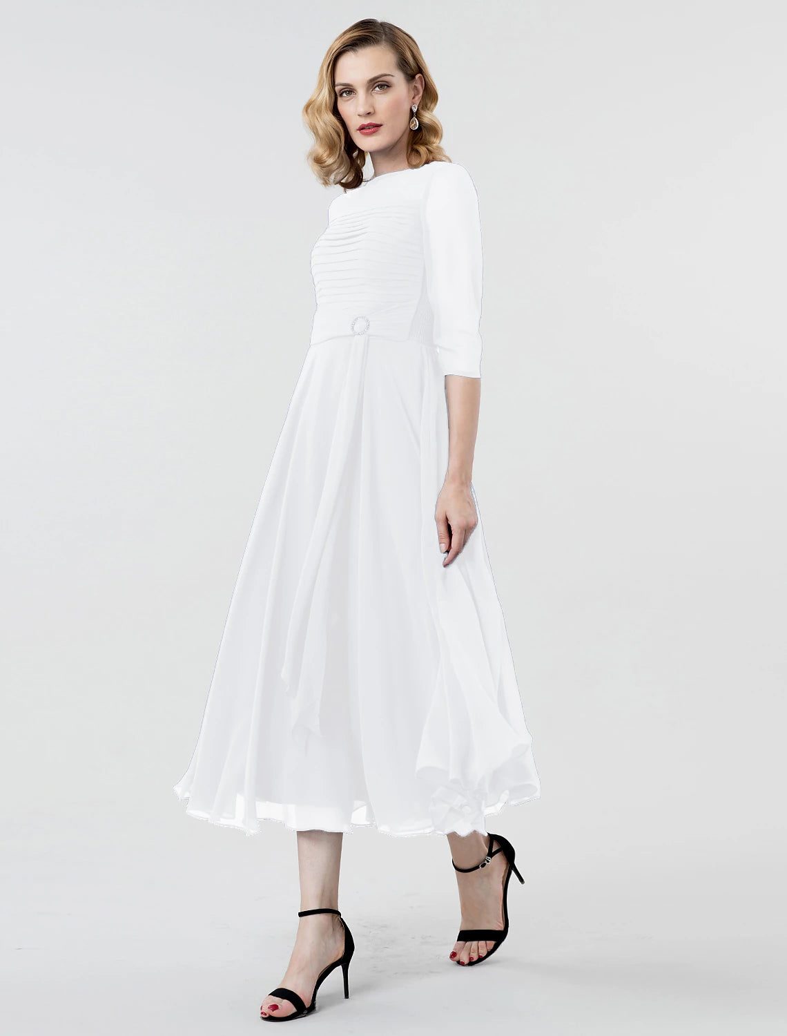 Wholesa A-Line Elegant Formal Evening Wedding Party Dress Boat Neck 3/4 Length Sleeve Tea Length Georgette with Ruched Crystal Brooch / Illusion Sleeve