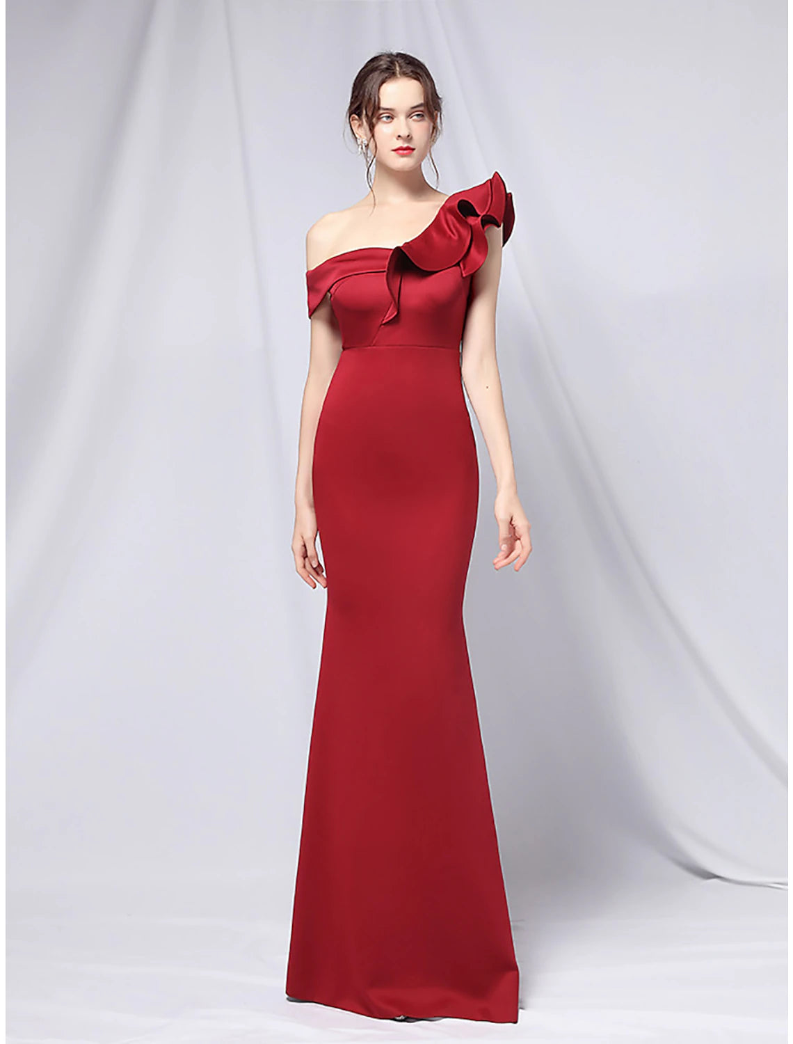 Wholesa Mermaid / Trumpet Evening Gown Empire Dress Wedding Guest Formal Evening Floor Length Short Sleeve One Shoulder Stretch Satin with Ruffles