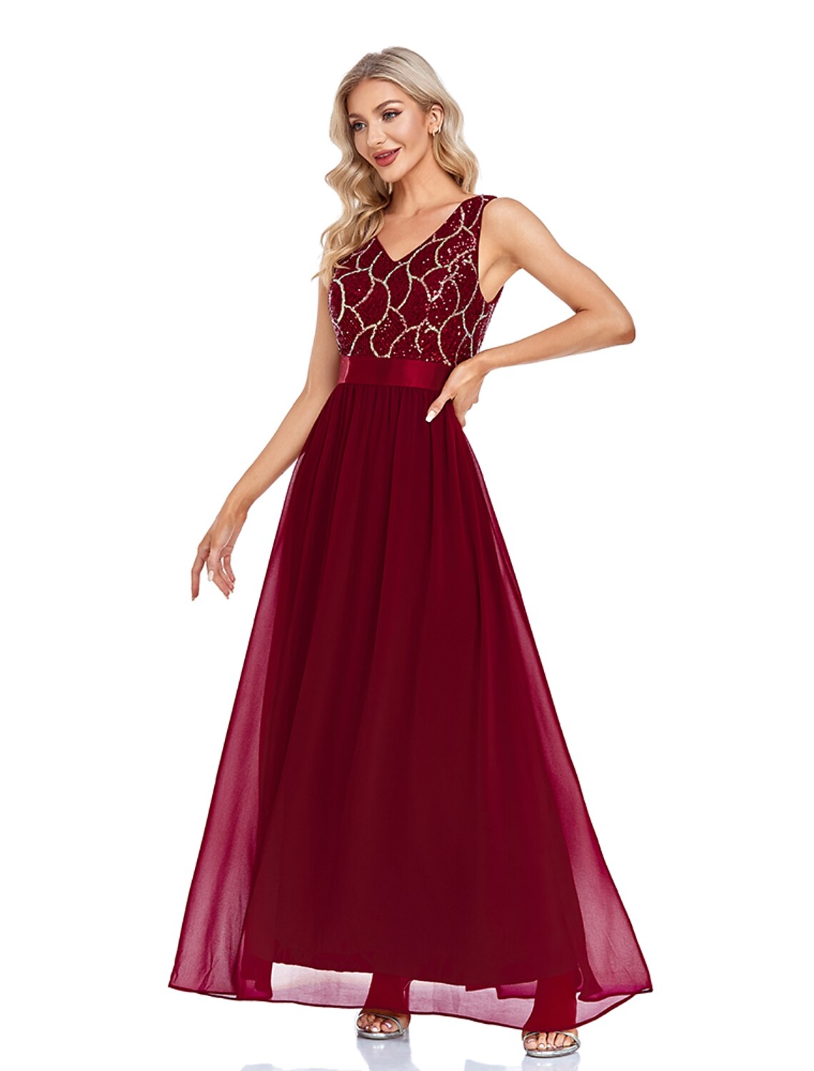 Wholesa A-Line Evening Gown Sparkle & Shine Dress Wedding Guest Prom Floor Length Sleeveless V Neck Bridesmaid Dress Chiffon V Back with Sequin Splicing
