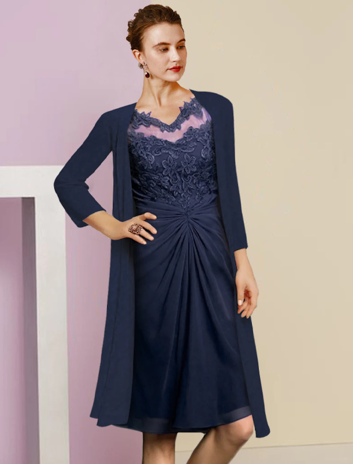 wholesale  Two Piece Sheath / Column Mother of the Bride Dress Formal Wedding Guest Vintage Elegant V Neck Knee Length Chiffon Lace Half Sleeve Jacket Dresses with Appliques
