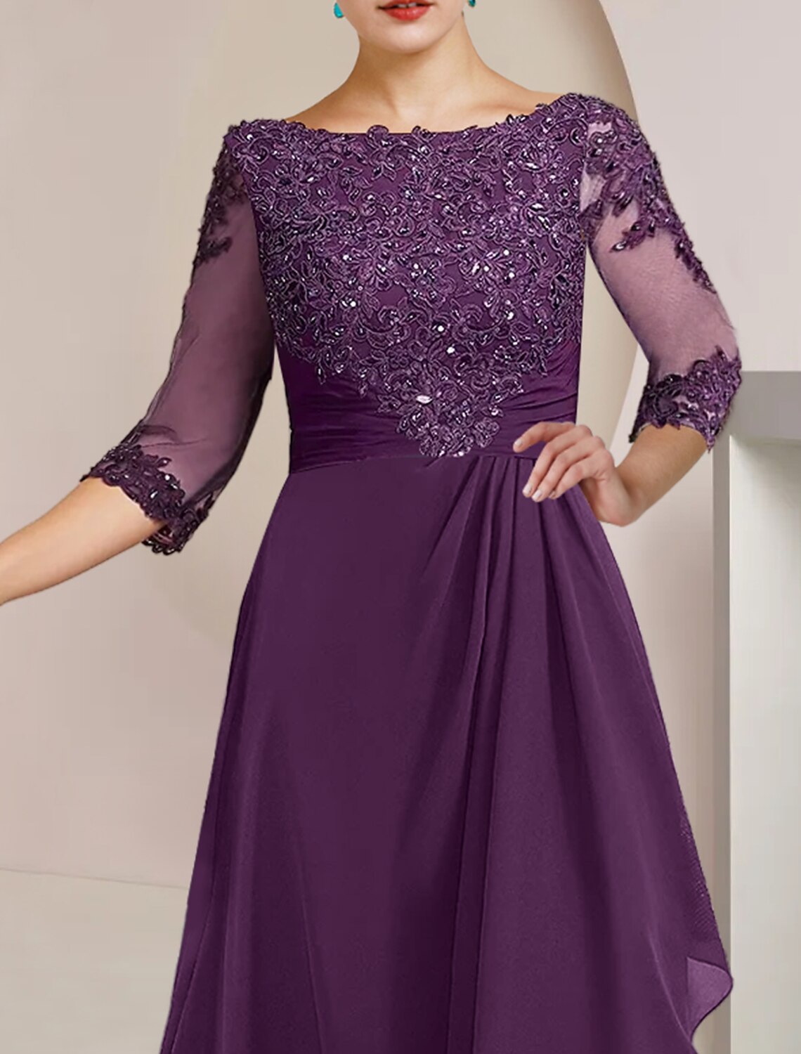 wholesale  A-Line Mother of the Bride Dress Formal Wedding Guest Elegant High Low Scoop Neck Asymmetrical Floor Length Chiffon Lace 3/4 Length Sleeve with Beading Sequin Appliques