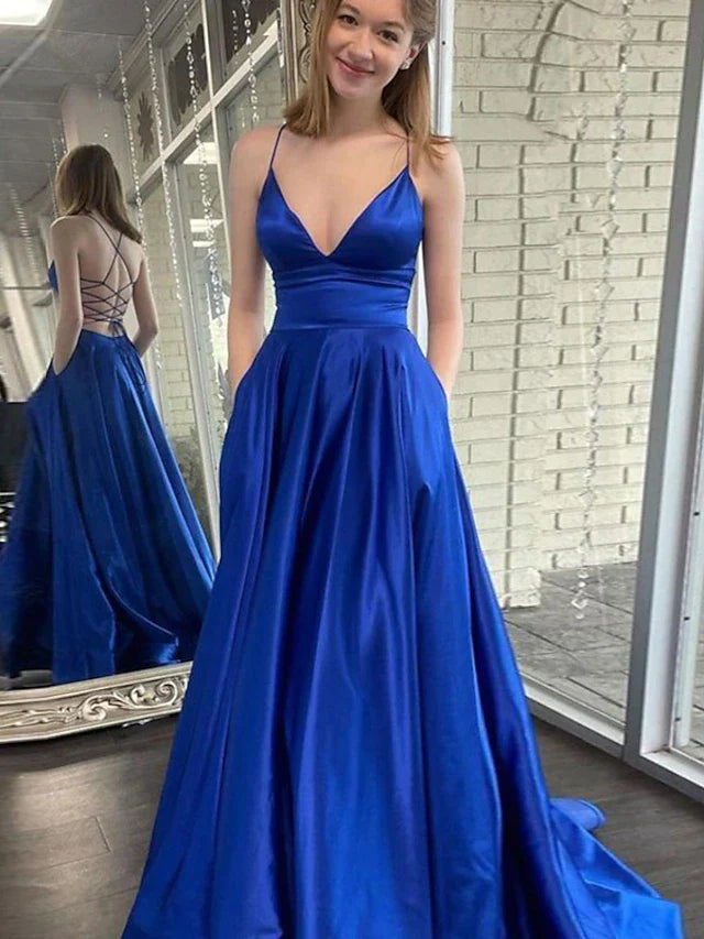 Wholesa A-Line Prom Dresses Princess Dress Formal Sweep / Brush Train Sleeveless V Neck Pocket Satin Backless with Pocket