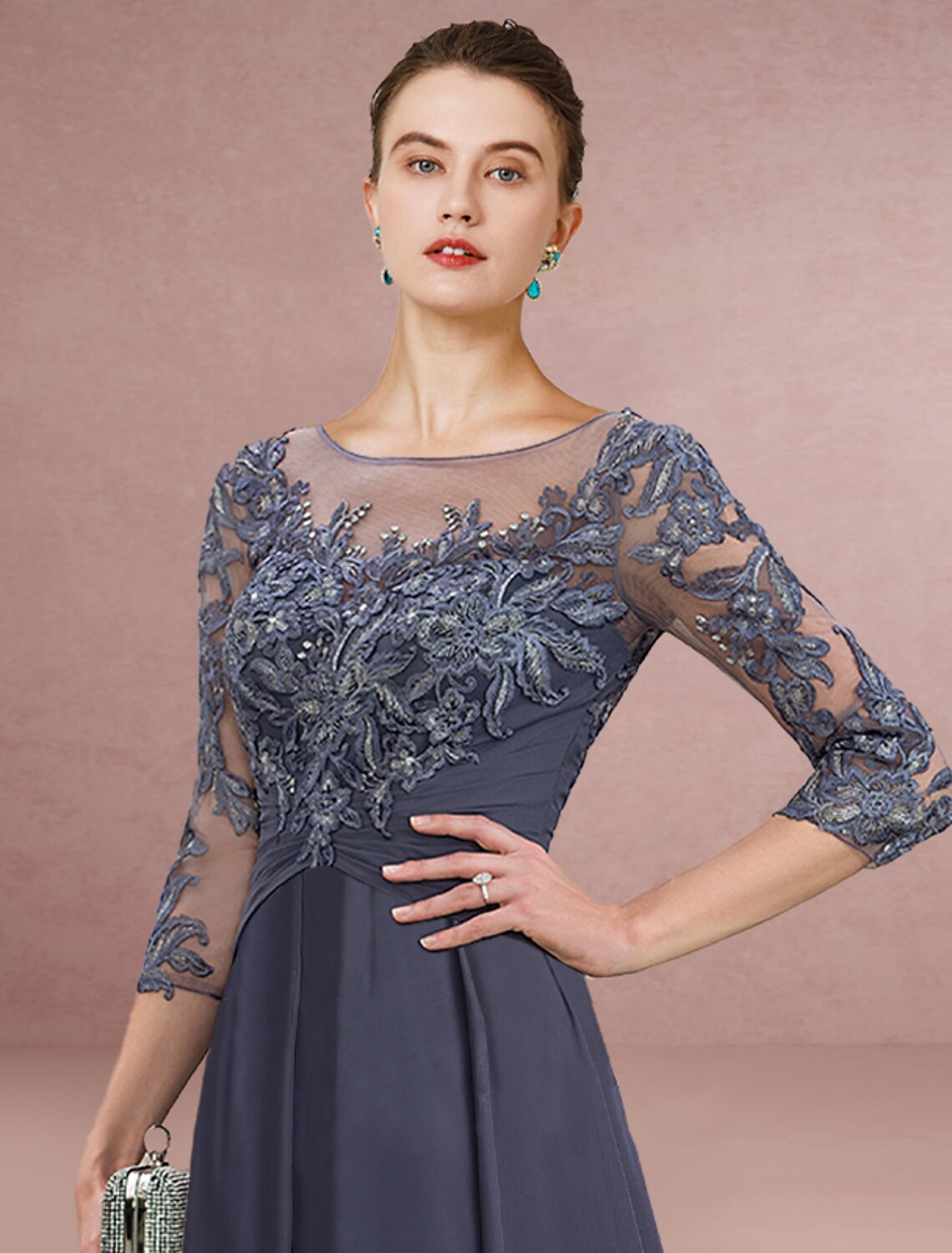 wholesale  Sheath / Column Mother of the Bride Dress Wedding Guest Simple Elegant Jewel Neck Ankle Length Chiffon Lace 3/4 Length Sleeve with Pleats Sequin