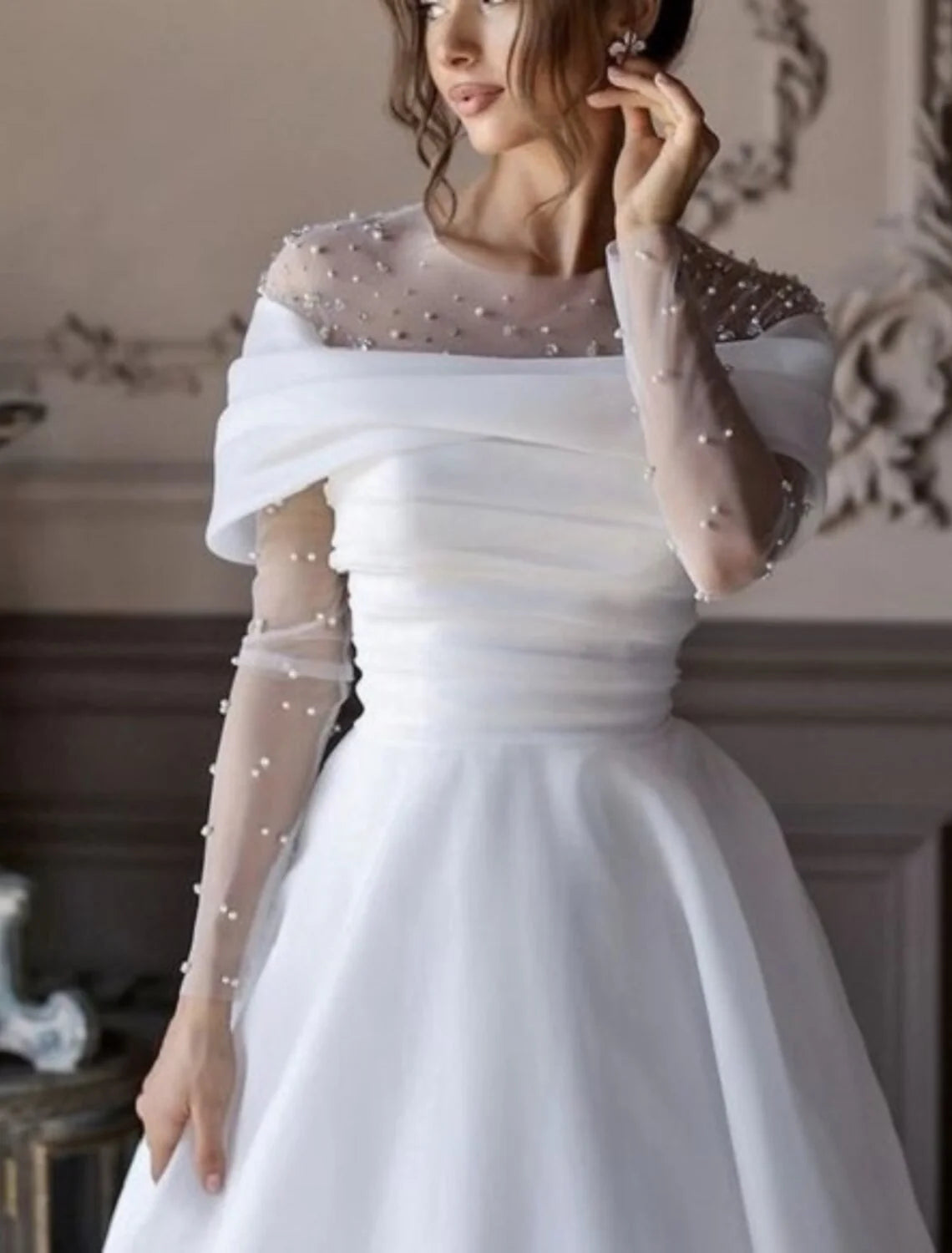 Wholesa Beach Little White Dresses Formal Wedding Dresses A-Line Illusion Neck Long Sleeve Floor Length Tulle Bridal Gowns With Ruched Beading