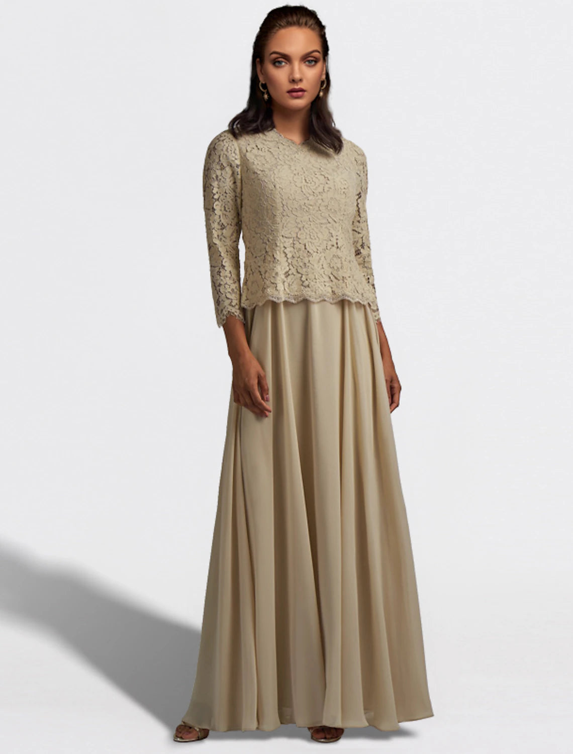 wholesale  A-Line Mother of the Bride Dress Plus Size Elegant V Neck Floor Length Chiffon Lace 3/4 Length Sleeve with Pleats Ruffles