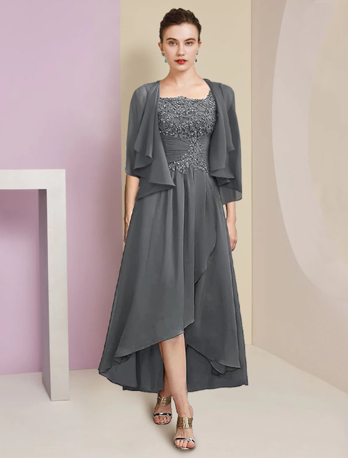 wholesale  Two Piece A-Line Mother of the Bride Dress Formal Wedding Guest Party Elegant Square Neck Asymmetrical Tea Length Chiffon Lace 3/4 Length Sleeve Wrap Included with Ruched Appliques