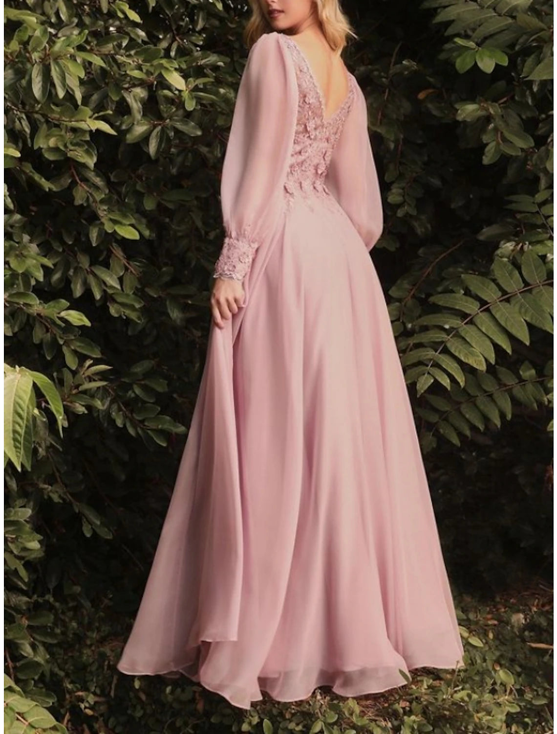 Wholesa  Sheath / Column Wedding Guest Dresses Elegant Dress Wedding Guest Floor Length Long Sleeve V Neck Bridesmaid Dress Chiffon with Pleats Appliques