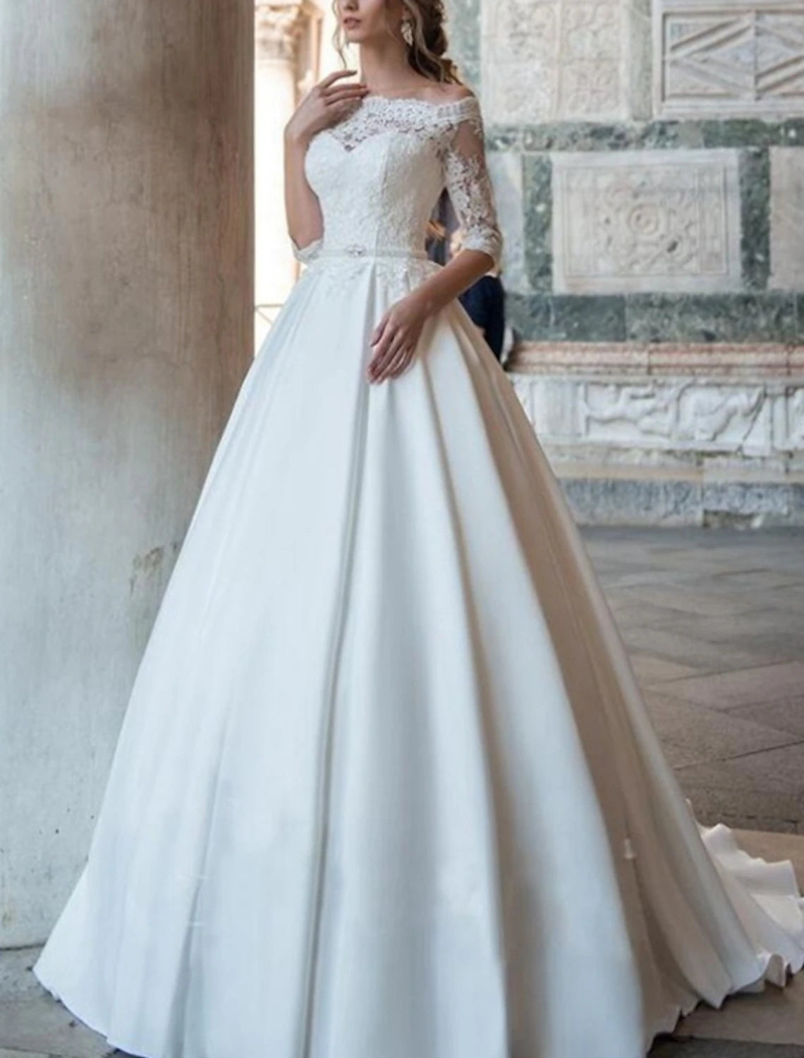 wholesale  Engagement Formal Fall Wedding Dresses Ball Gown Off Shoulder Half Sleeve Sweep / Brush Train Satin Bridal Gowns With Pleats Appliques