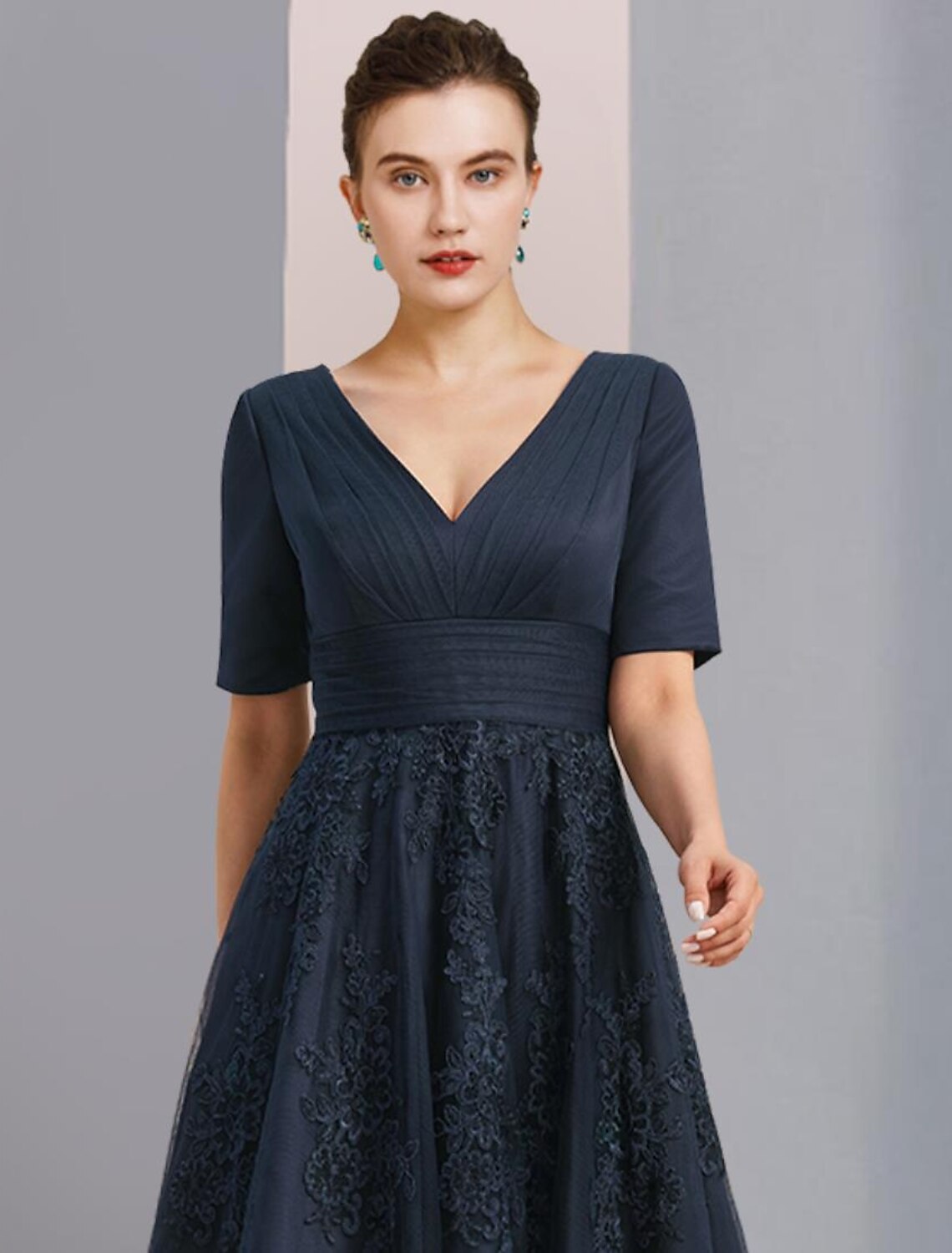 Wholesa  A-Line Mother of the Bride Dress Formal Wedding Guest Elegant Vintage V Neck Ankle Length Chiffon Lace Short Sleeve with Pleats Ruched Appliques