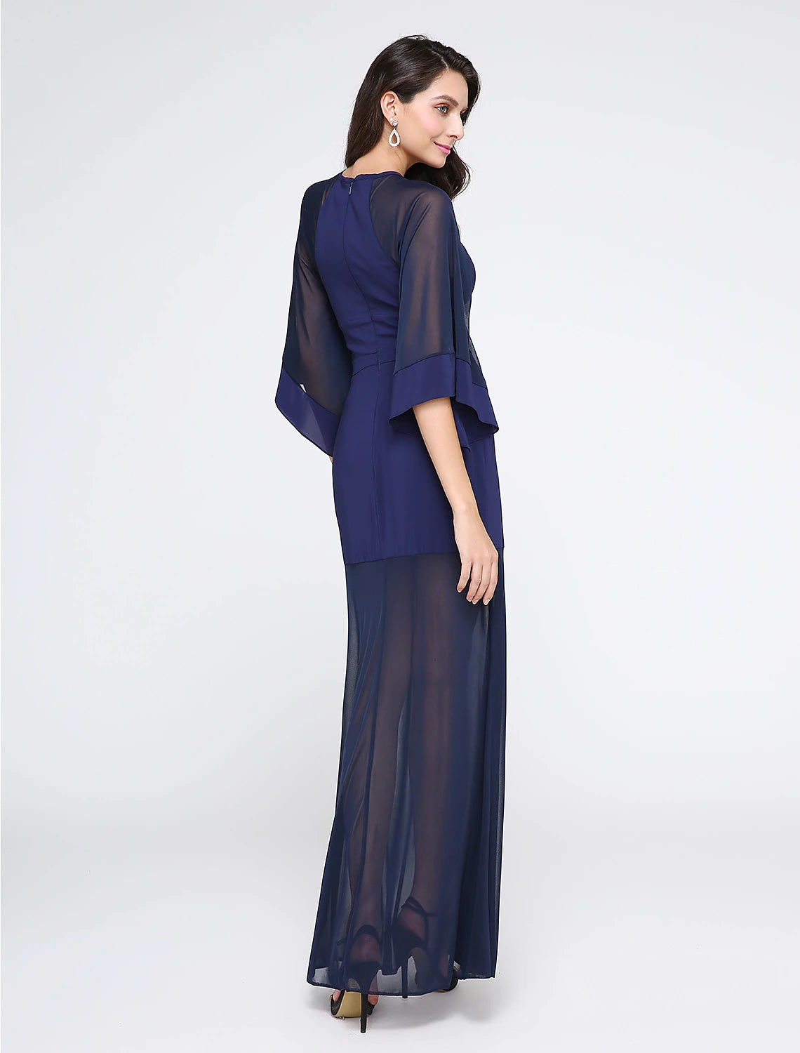 Wholesa Sheath / Column See Through Dress Prom Formal Evening Floor Length Half Sleeve Jewel Neck Chiffon with Pleats