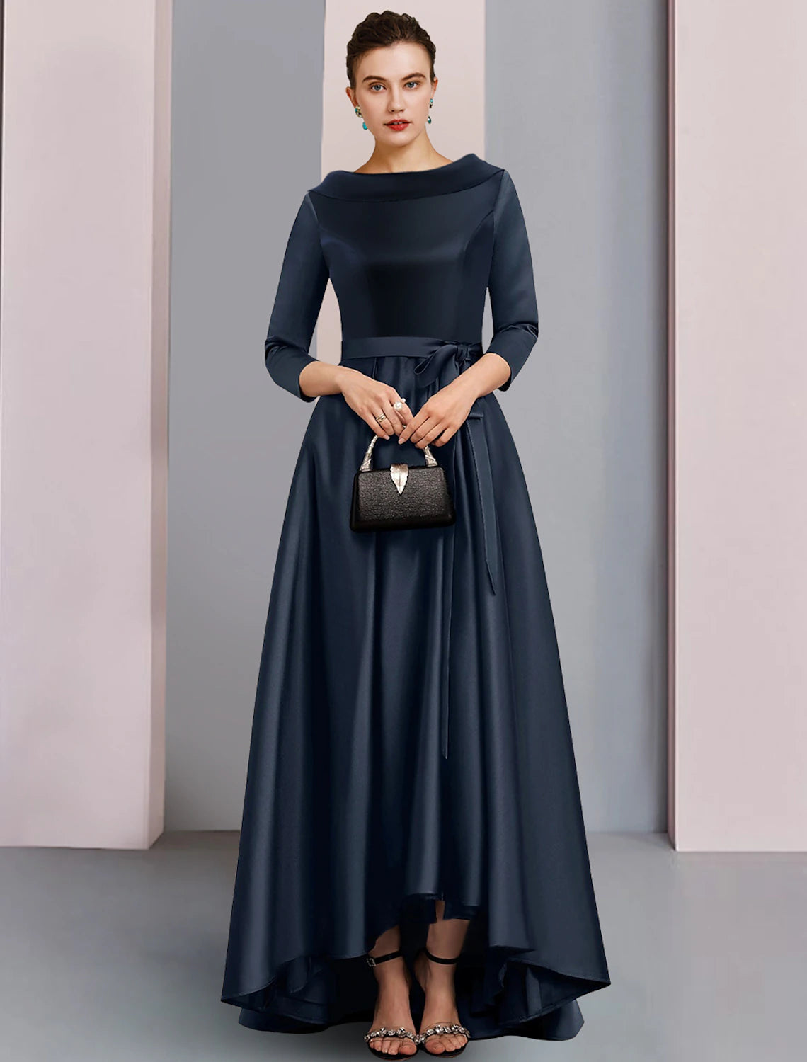 Wholesa  A-Line Mother of the Bride Dress Formal Wedding Guest Elegant High Low Bateau Neck Asymmetrical Ankle Length Satin 3/4 Length Sleeve with Bow(s) Pleats
