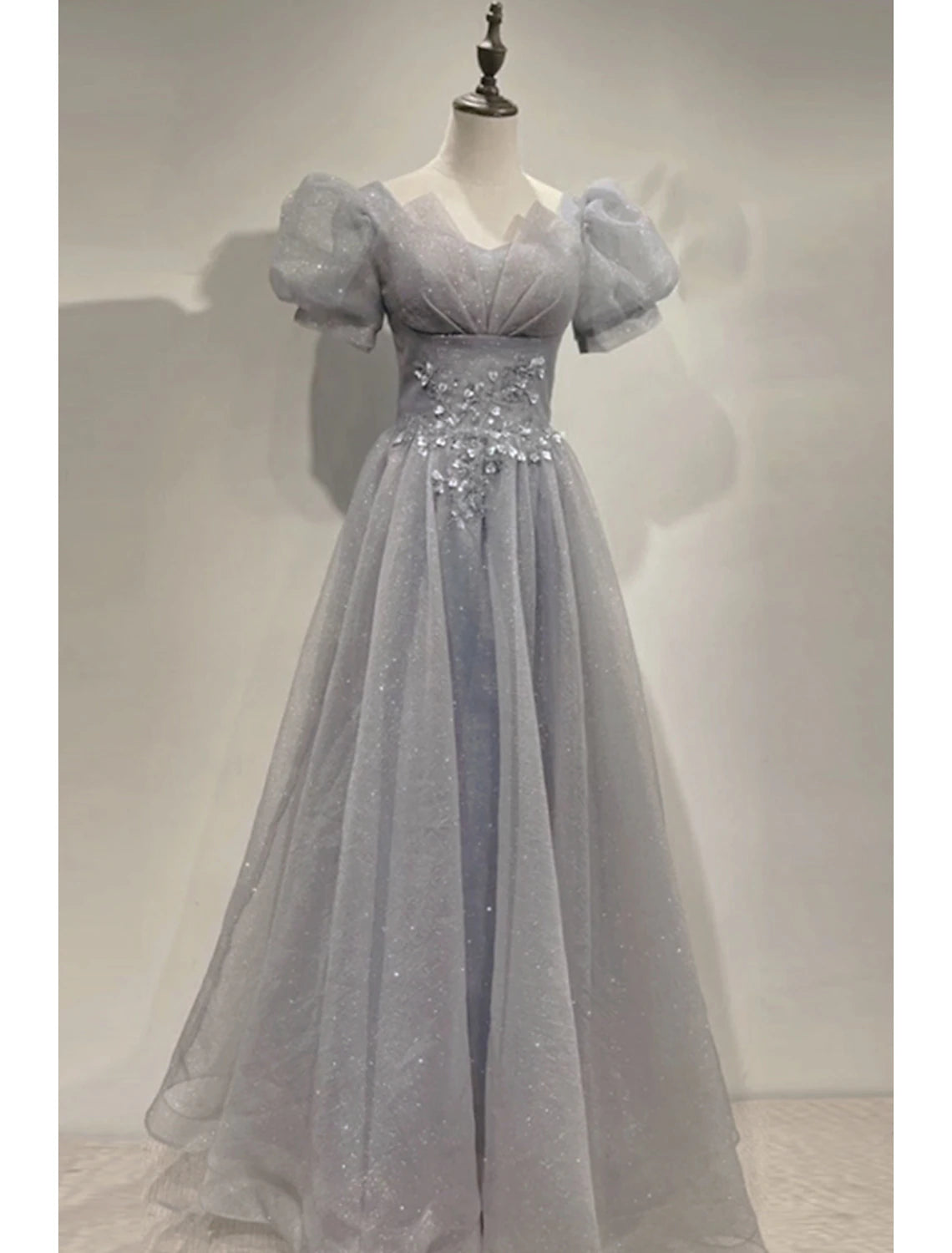 wholesale  A-Line Prom Party Dress Sparkle & Shine Dress Prom Valentine‘s Day Floor Length Short Sleeve V Neck Tulle with Sequin