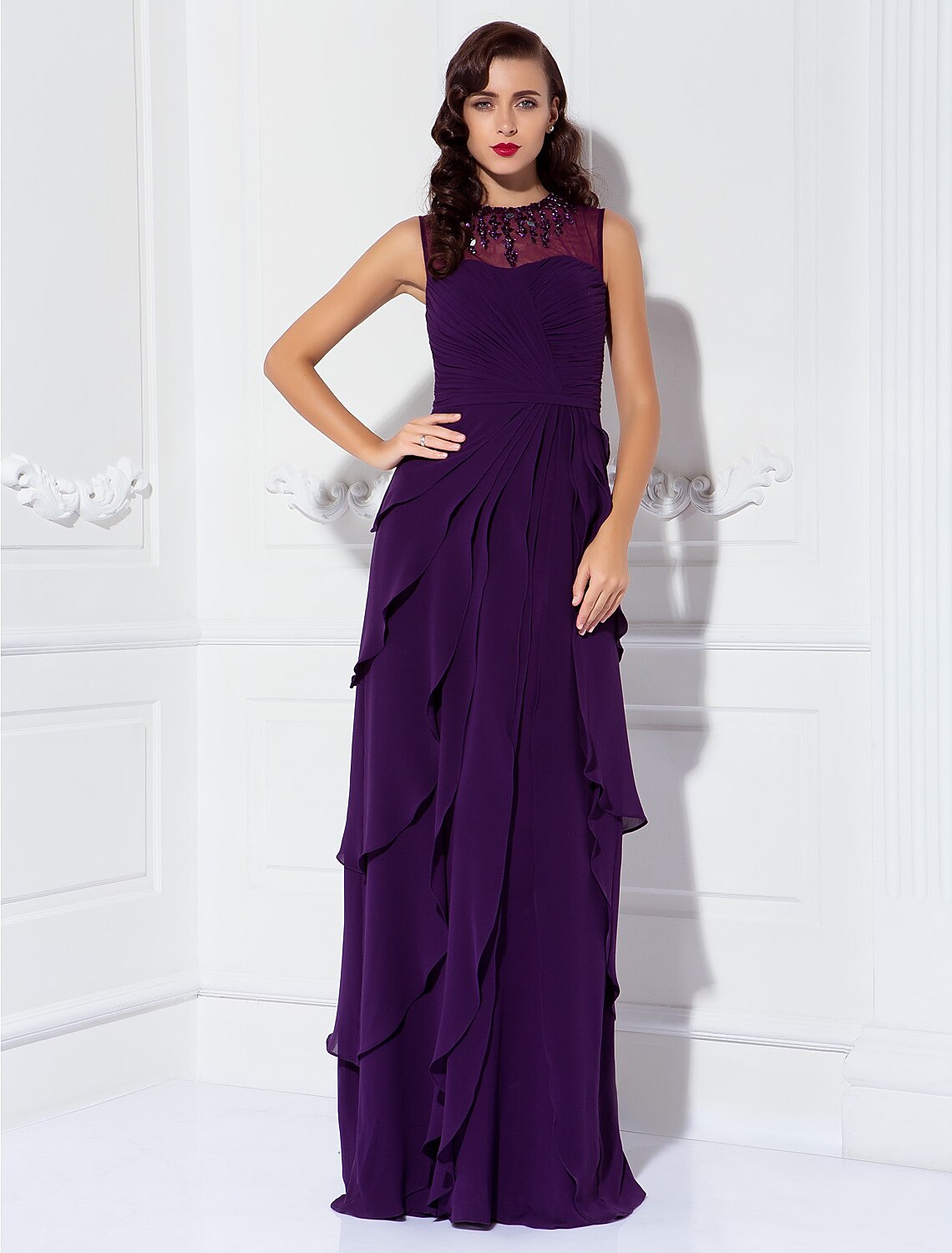 wholesale  Sheath / Column Mother of the Bride Dress Elegant Jewel Neck Floor Length Georgette Sleeveless No with Criss Cross Ruched Beading