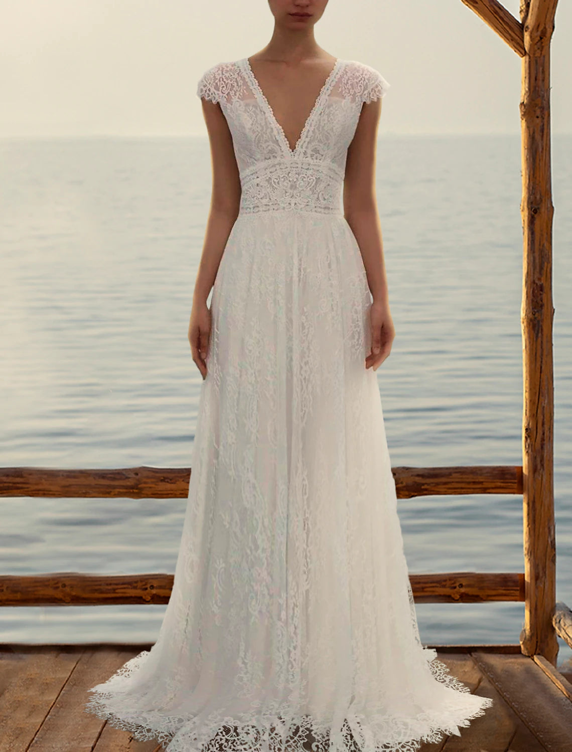 Wholesa Beach Open Back Wedding Dresses A-Line V Neck Cap Sleeve Sweep / Brush Train Lace Bridal Gowns With Appliques