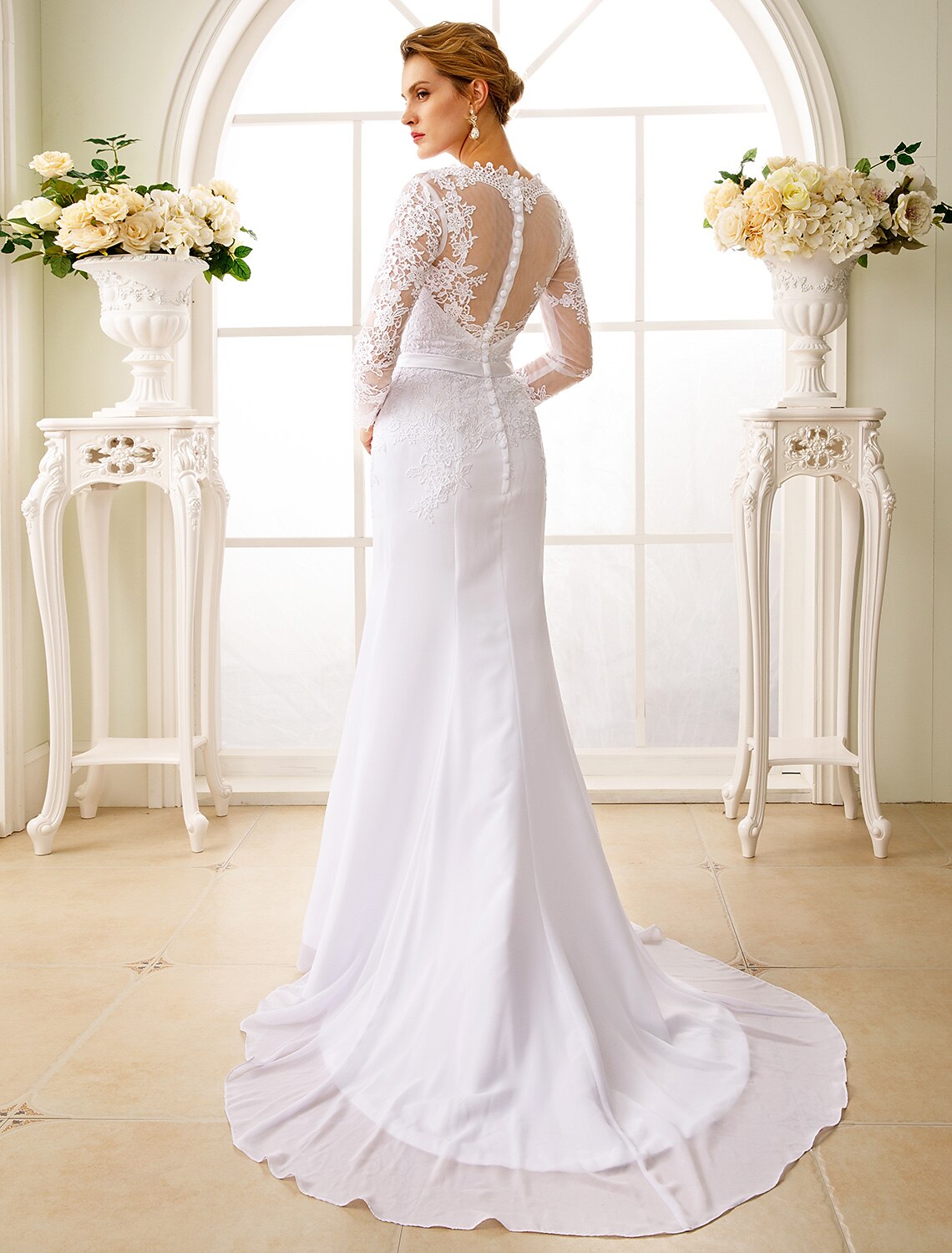 wholesale  Engagement Open Back Fall Formal Wedding Dresses Mermaid / Trumpet Illusion Neck Long Sleeve Court Train Chiffon Bridal Gowns With Sash / Ribbon Appliques