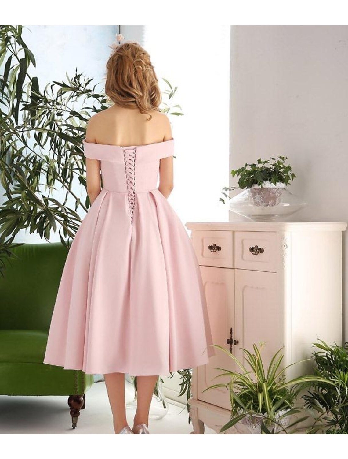 wholesale  A-Line Cocktail Dresses Vintage Dress Engagement Cocktail Party Tea Length Sleeveless Off Shoulder Stretch Fabric with Pleats