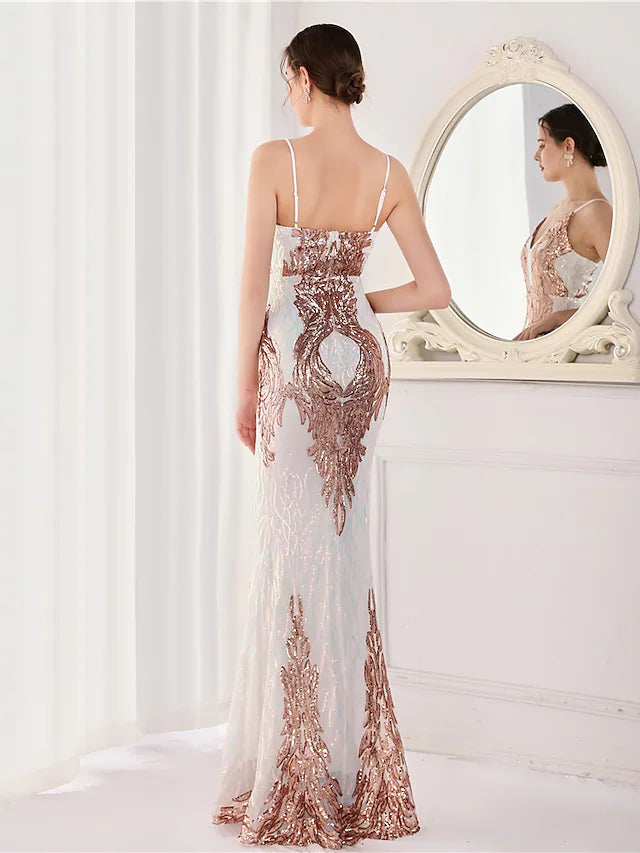 Wholesa Mermaid / Trumpet Evening Gown Elegant Dress Wedding Guest Floor Length Sleeveless Spaghetti Strap Sequined V Back with Sequin