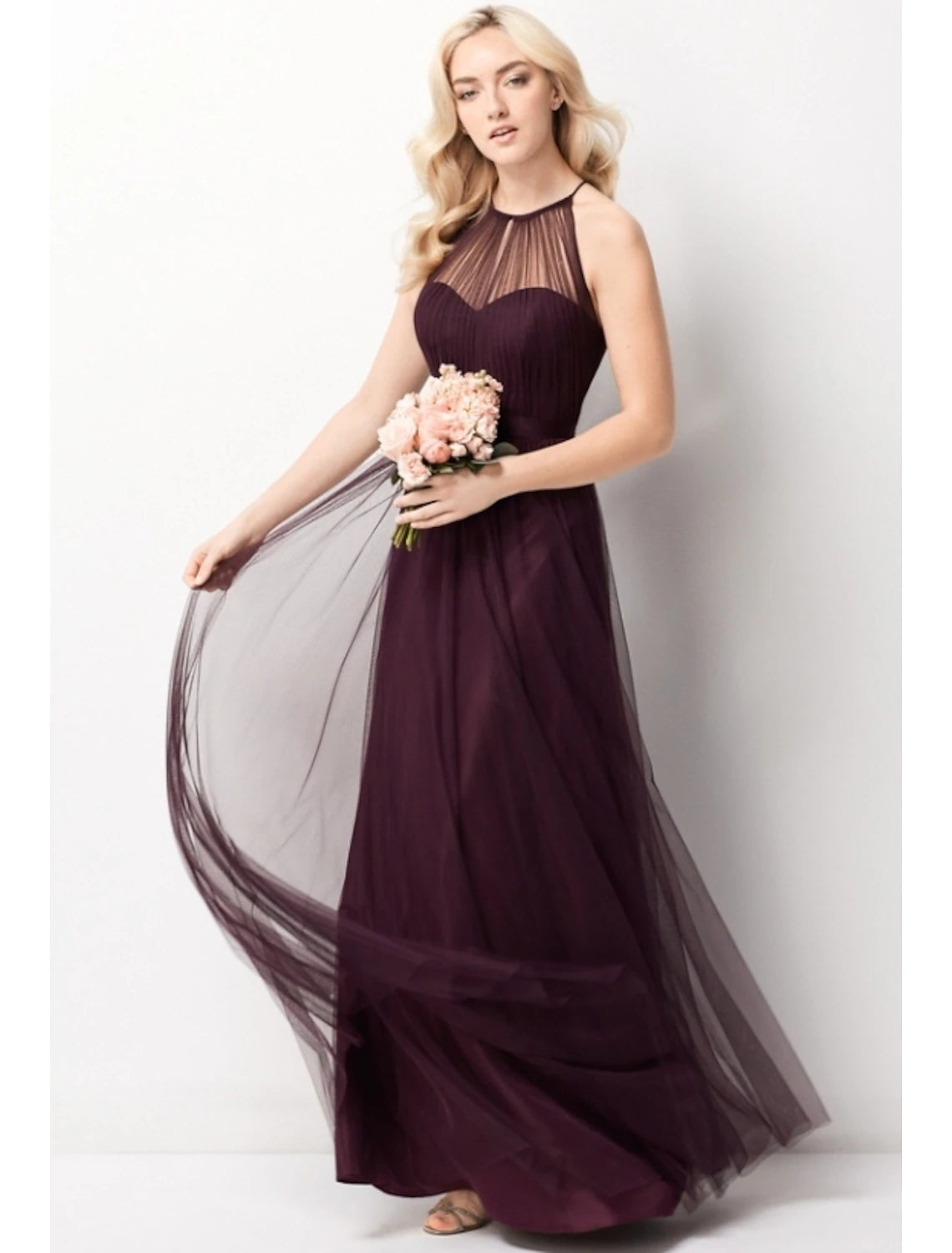 Wholesa  A-Line Bridesmaid Dress Halter Neck Sleeveless Elegant Floor Length Chiffon / Tulle
