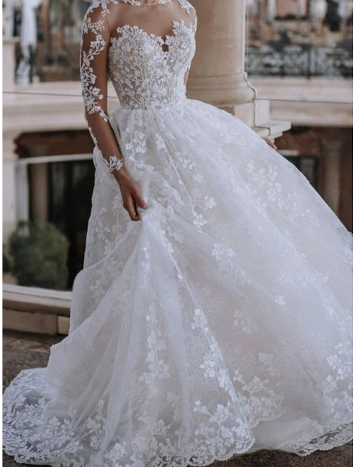Wholesa Beach Formal Wedding Dresses A-Line Illusion Neck Long Sleeve Sweep / Brush Train Lace Bridal Gowns With Pleats Solid Color