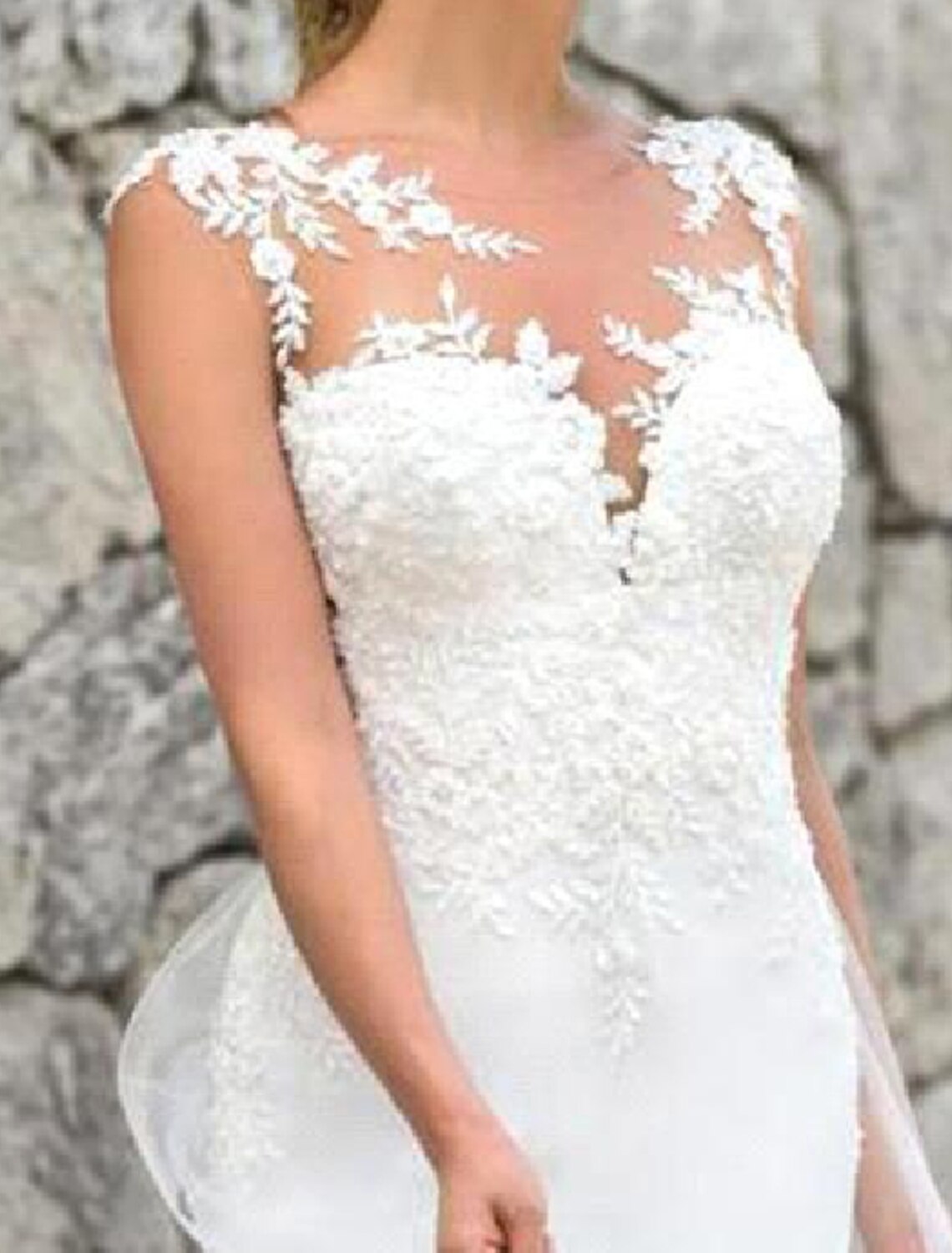 Wholesa Engagement Formal Wedding Dresses Mermaid / Trumpet Illusion Neck Cap Sleeve Court Train Lace Bridal Gowns With Lace Embroidery