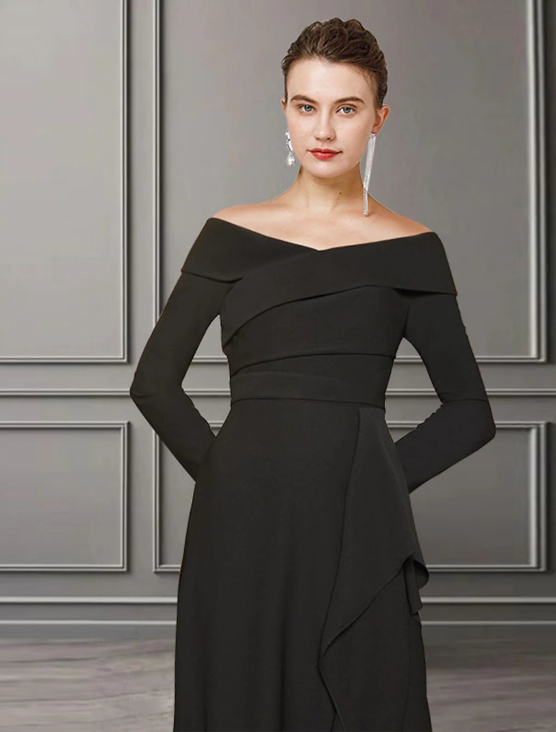 wholesale  A-Line Mother of the Bride Dress Elegant Off Shoulder Sweep / Brush Train Lace Stretch Fabric Long Sleeve with Ruched Split Front