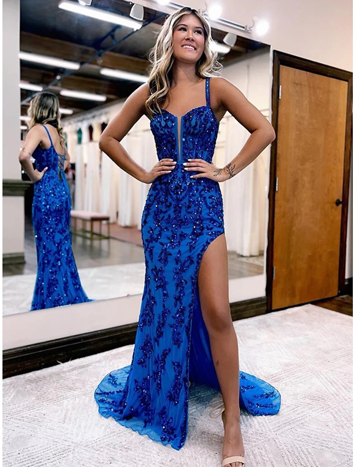 Wholesa Mermaid / Trumpet Evening Gown Open Back Dress Formal Prom Sweep / Brush Train Sleeveless V Neck Tulle Backless with Slit Appliques