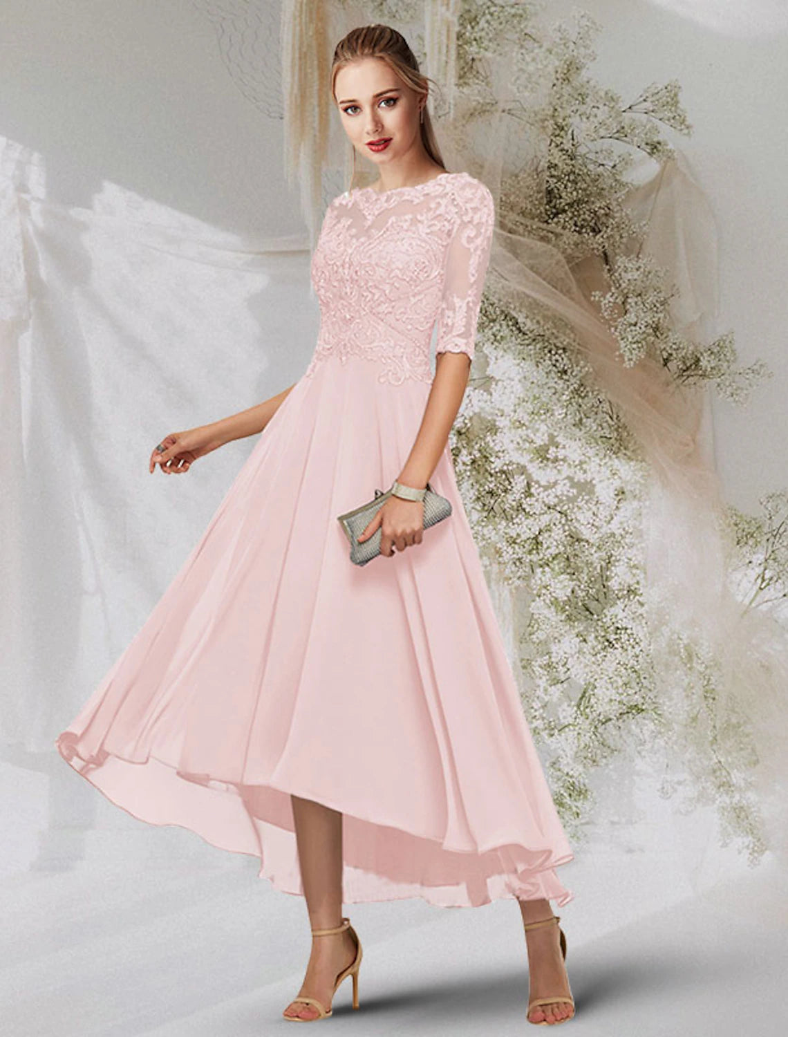 Wholesa  A-Line Evening Gown Empire Dress Wedding Guest Formal Evening Asymmetrical Long Sleeve Jewel Neck Chiffon with Beading Lace Insert
