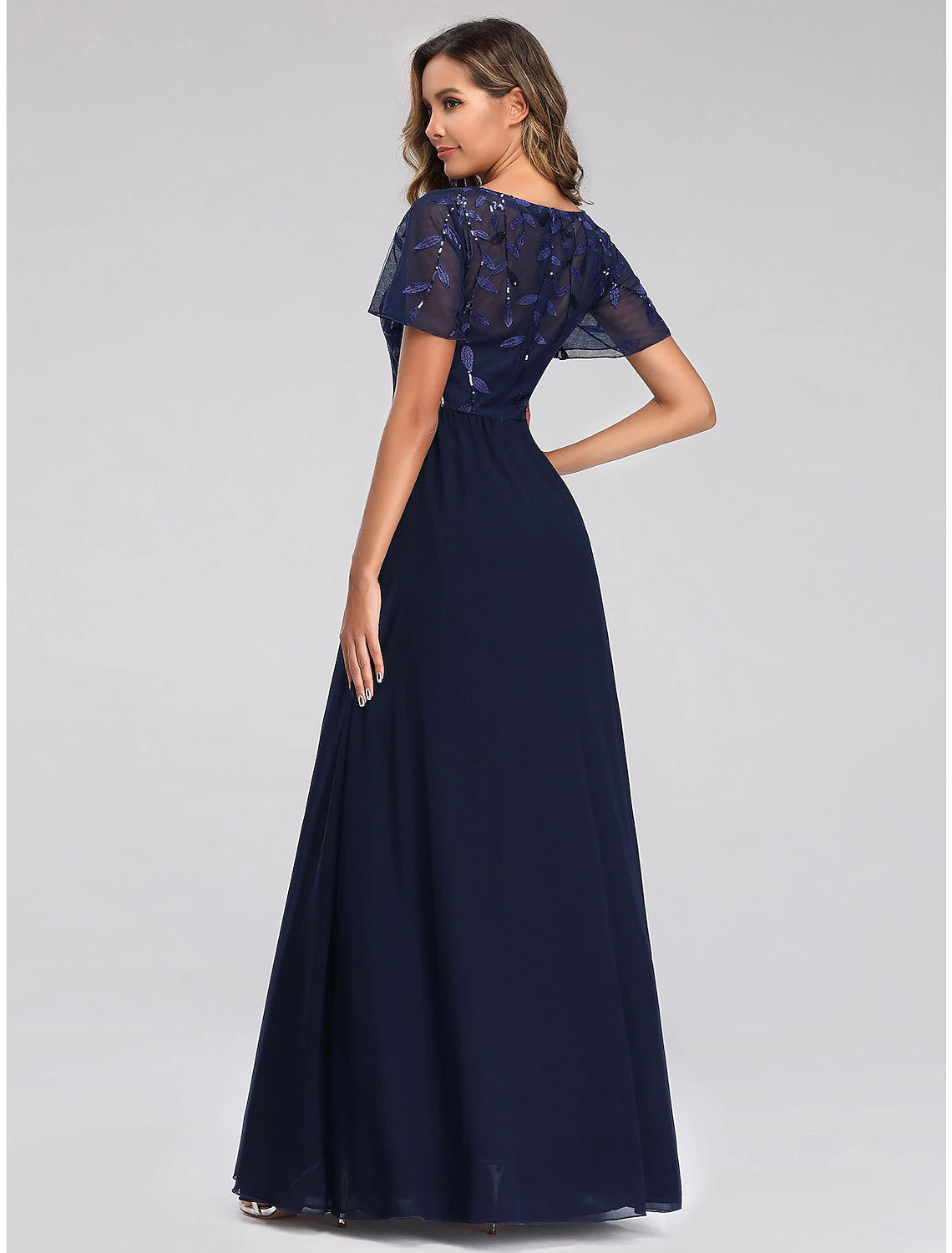 wholesa A-Line Wedding Guest Dresses Elegant Dress Fall Floor Length Short Sleeve V Neck Bridesmaid Dress Tulle with Sequin Appliques