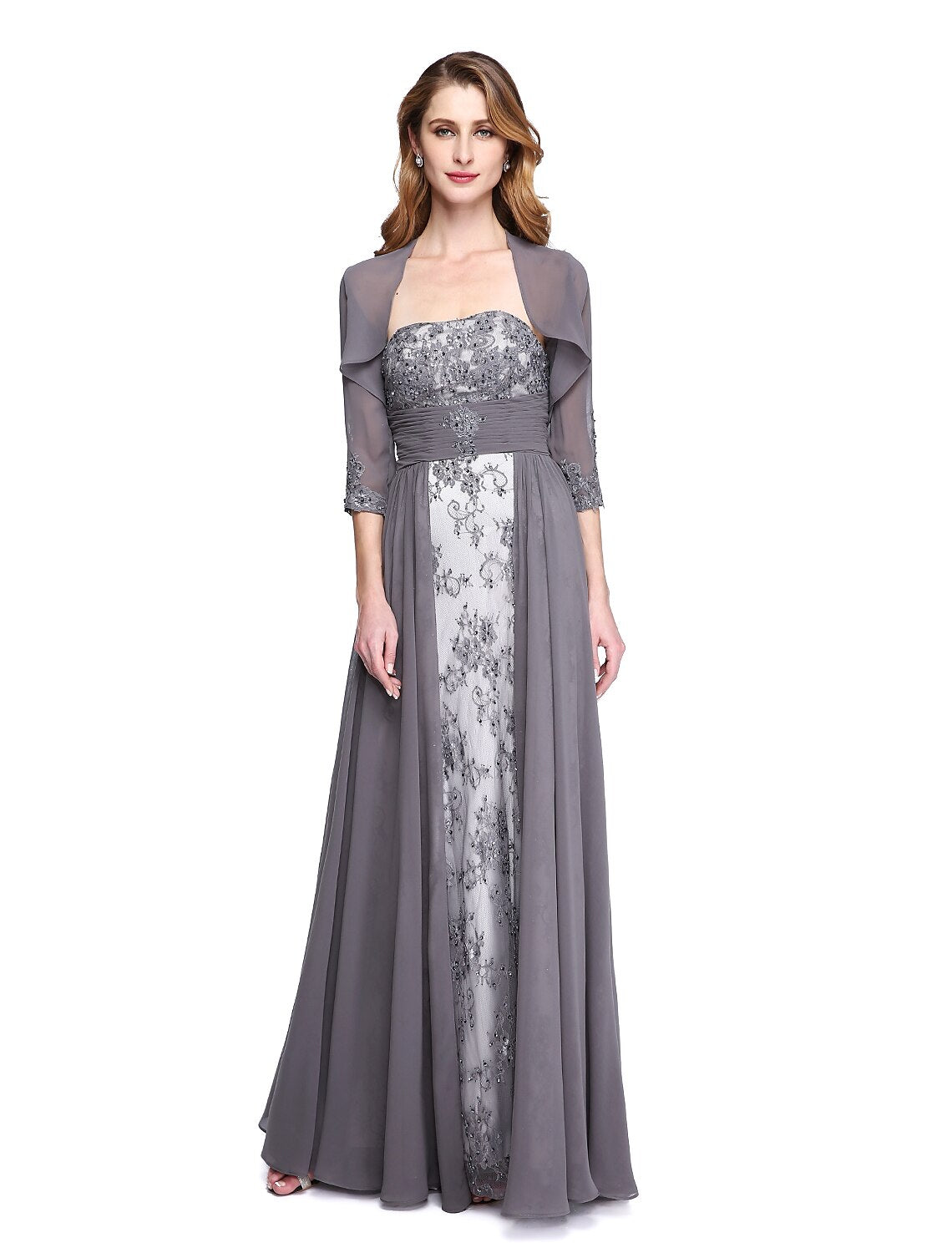 wholesale   A-Line Mother of the Bride Dress Wrap Included Strapless Floor Length Chiffon Beaded Lace Sleeveless yes with Ruched Beading Appliques