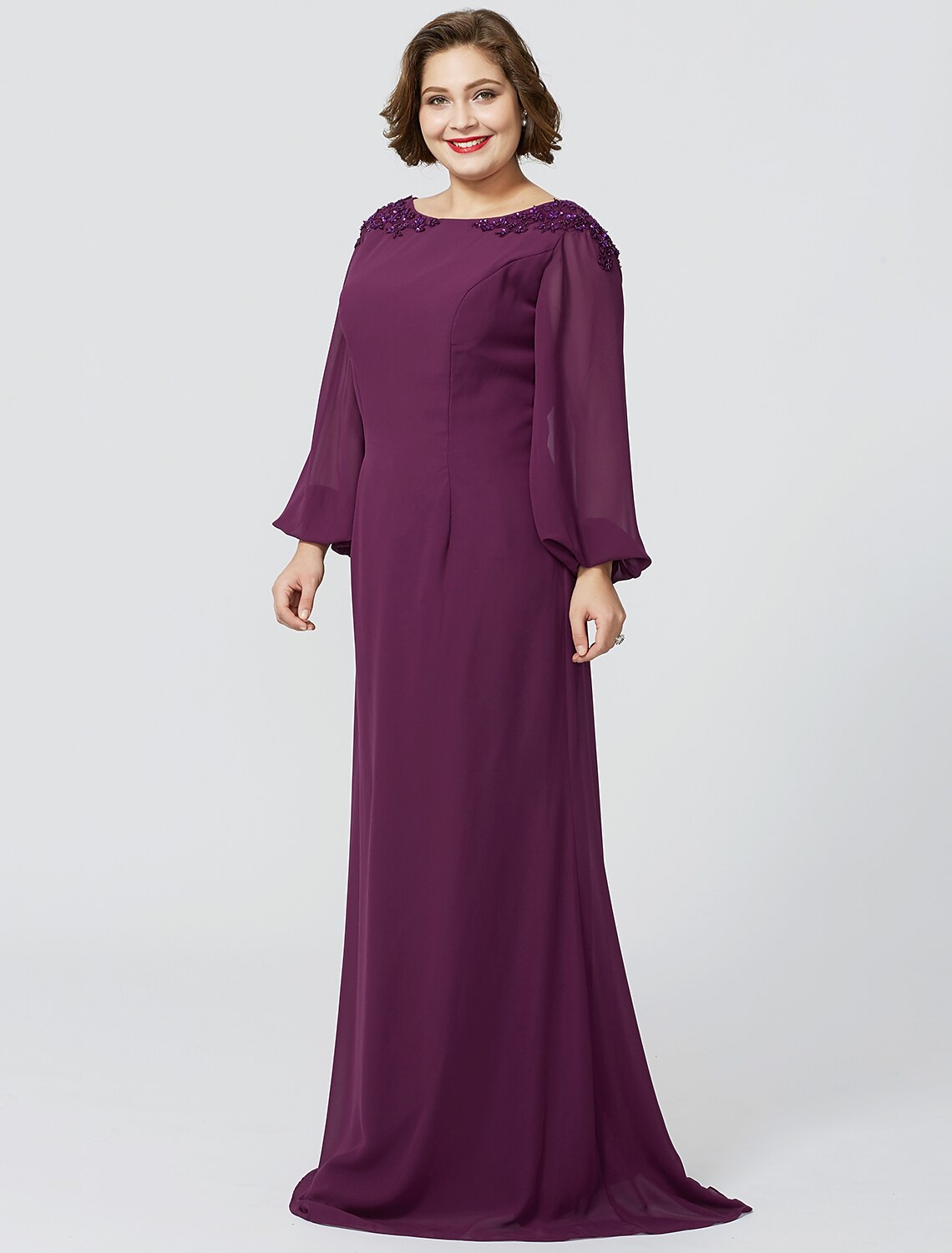 wholesale  Sheath / Column Mother of the Bride Dress Formal Classic & Timeless Elegant & Luxurious Plus Size Bateau Neck Floor Length Chiffon Long Sleeve No with Beading Appliques