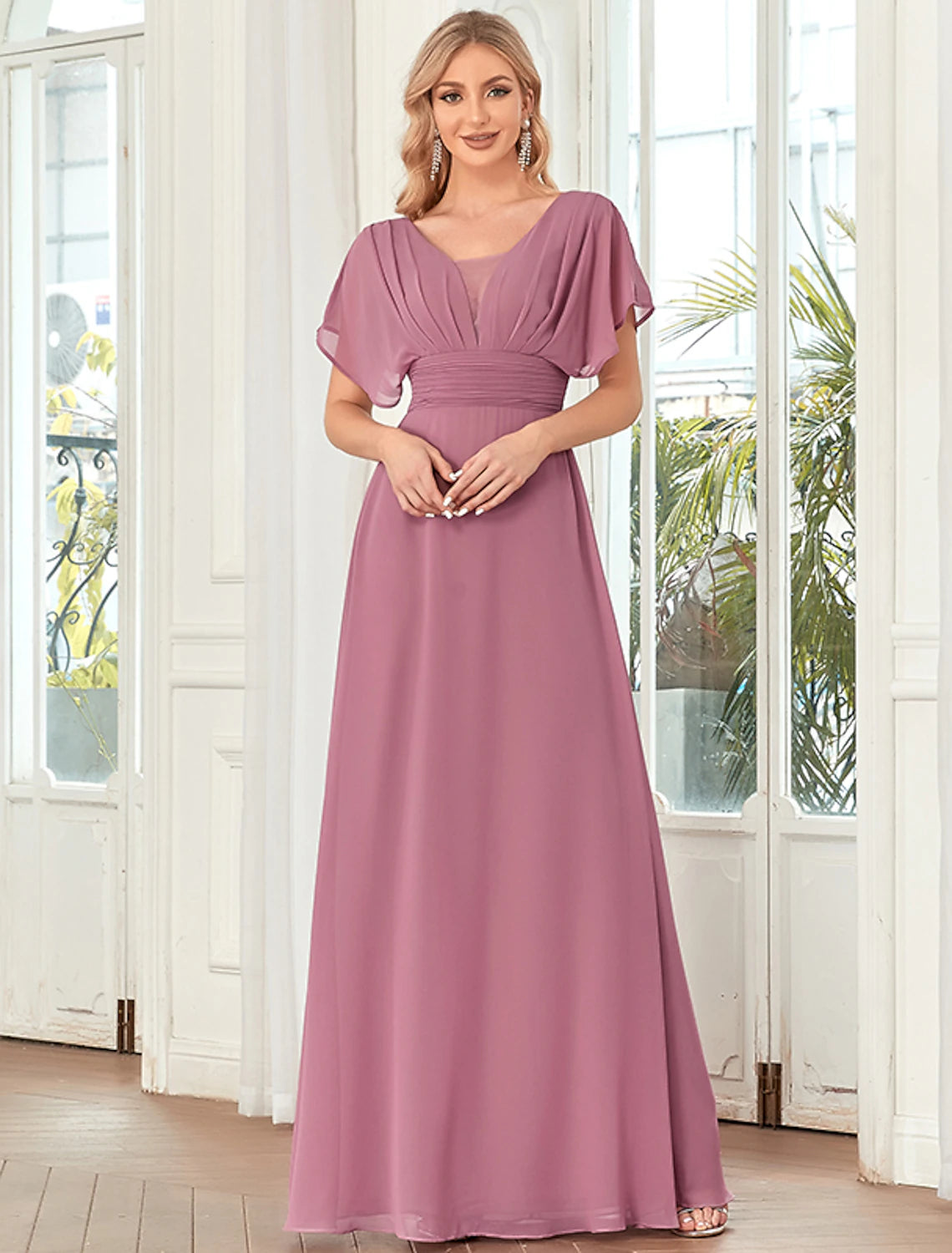 wholesale  A-Line Elegant Formal Evening Dress V Neck Short Sleeve Floor Length Chiffon with Draping