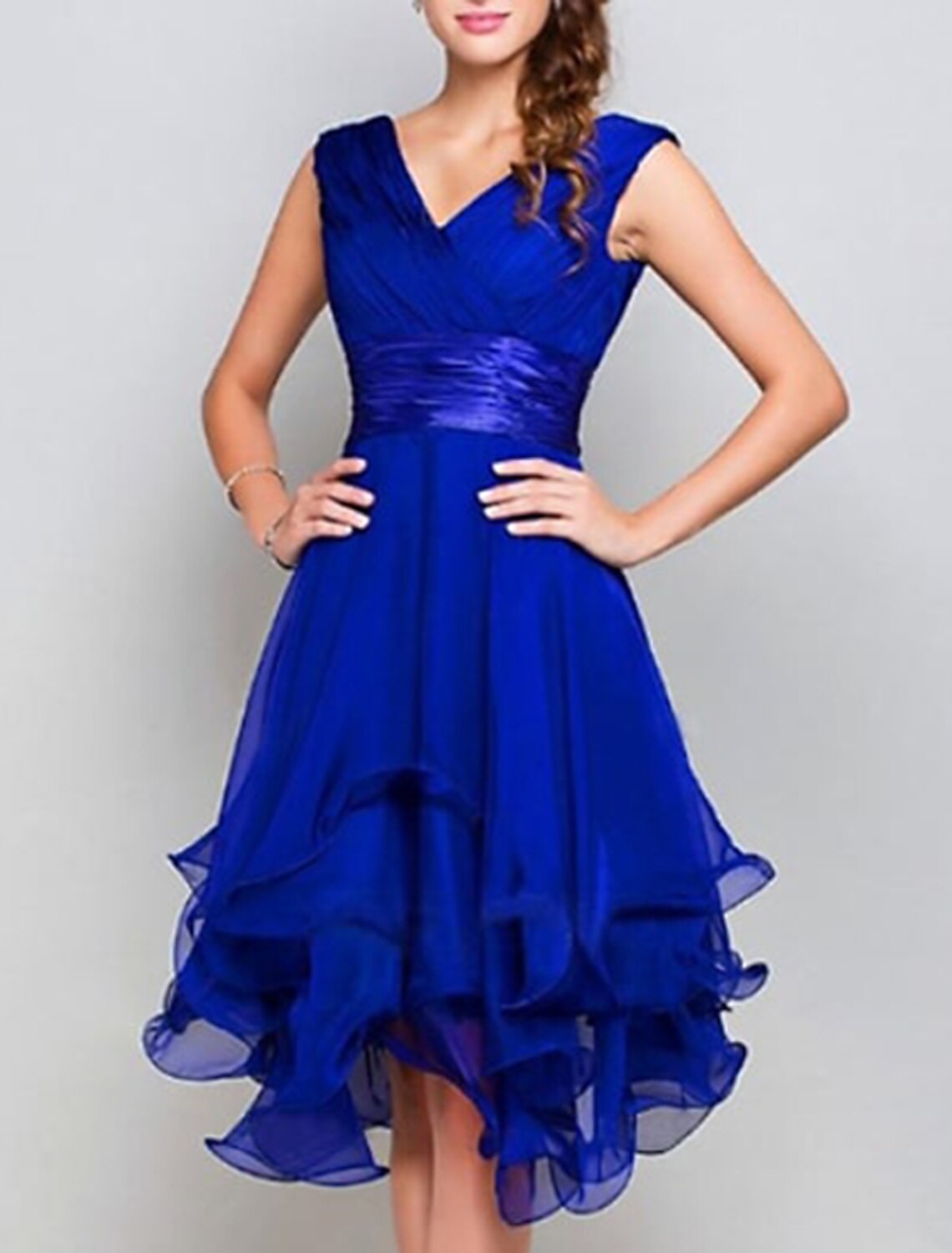 Wholesa A-Line Wedding Guest Dresses Party Dress Homecoming Asymmetrical Sleeveless V Neck Chiffon with Ruched Tiered