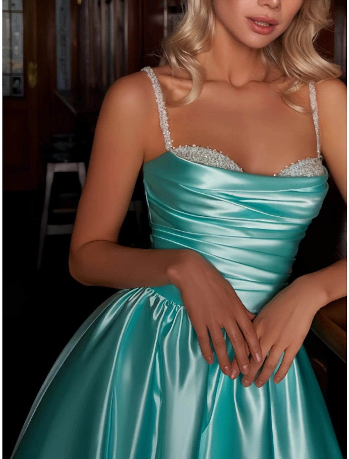 Wholesa A-Line Cocktail Dresses Party Dress Wedding Wedding Guest Knee Length Sleeveless Spaghetti Strap Satin with Pleats Ruched Sequin