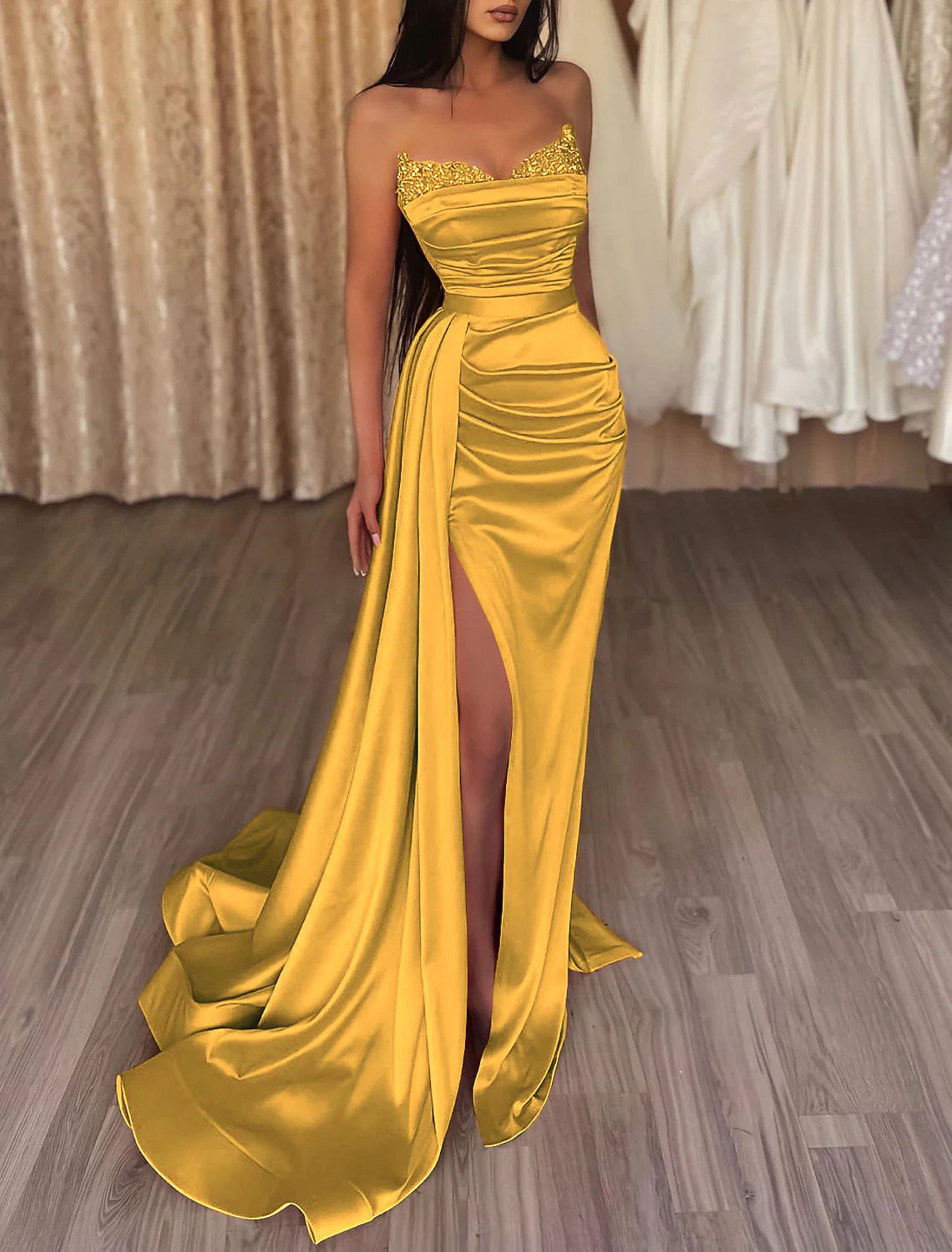 Wholesa Mermaid Ruched Evening Gown Satin Dress Cocktail Party Prom Court Train Sleeveless Strapless Bridesmaid Dress with Beading Sequin Pure Color