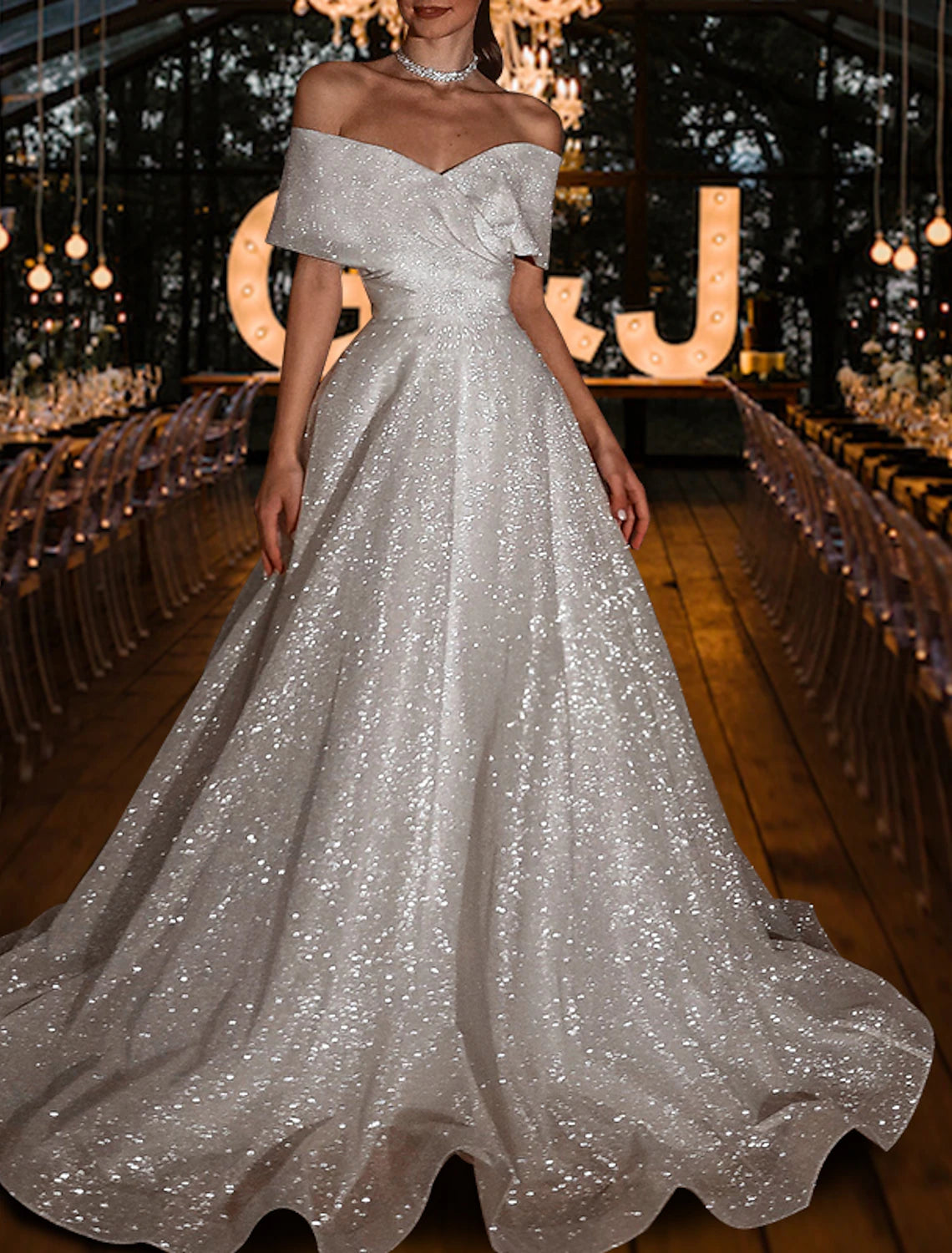 wholesale  Hall Sparkle & Shine Casual Wedding Dresses A-Line Off Shoulder Cap Sleeve Sweep / Brush Train Sequined Bridal Gowns With Solid Color