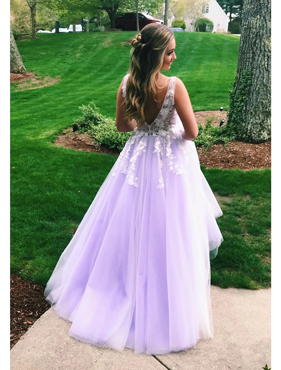 wholesale  Ball Gown A-Line Prom Dresses Color Block Dress Formal Prom Floor Length Sleeveless V Neck Tulle Backless V Back with Beading Appliques