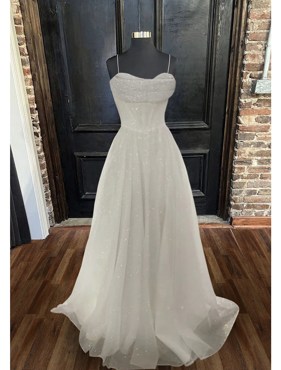 wholesale A-Line Prom Dresses Corsets Dress Wedding Party Sweep / Brush Train Sleeveless Spaghetti Strap Fall Wedding Reception Tulle with Glitter Pleats