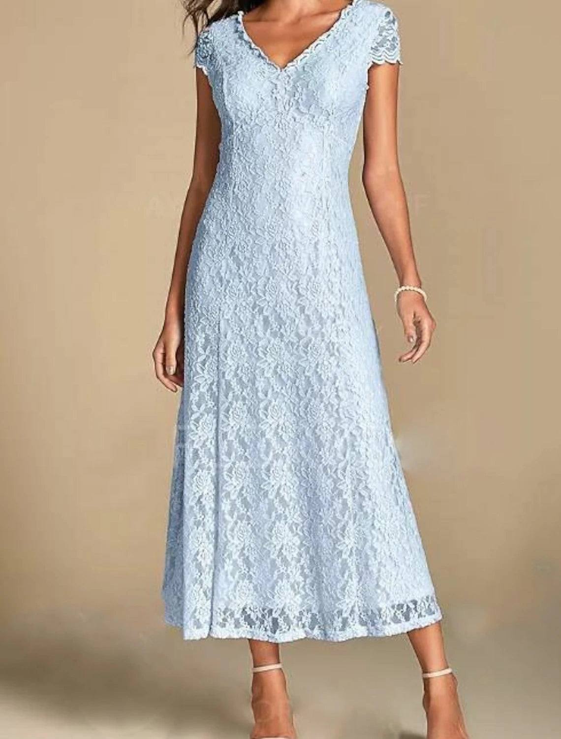 Wholesa A-Line Mother of the Bride Dress Wedding Guest Plus Size V Neck Ankle Length Lace Short Sleeve with Pleats