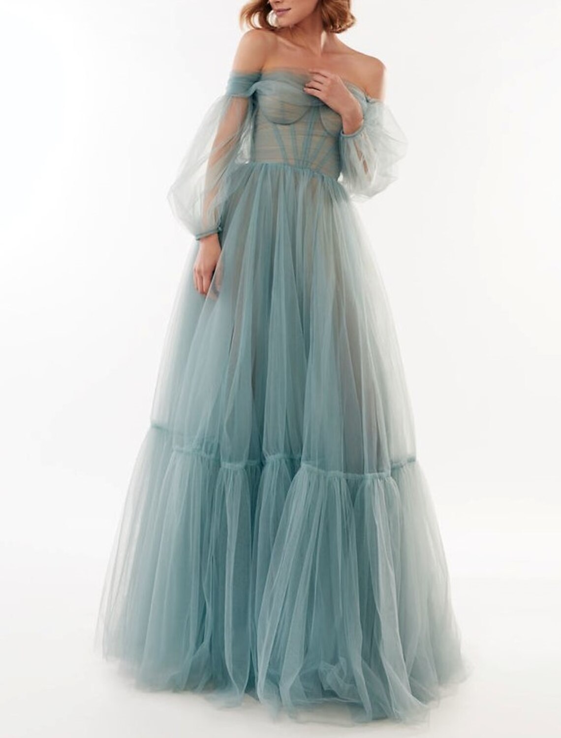 wholesale  A-Line Elegant Sexy Wedding Guest Prom Dress Off Shoulder Long Sleeve Floor Length Tulle with Bow(s) Pleats