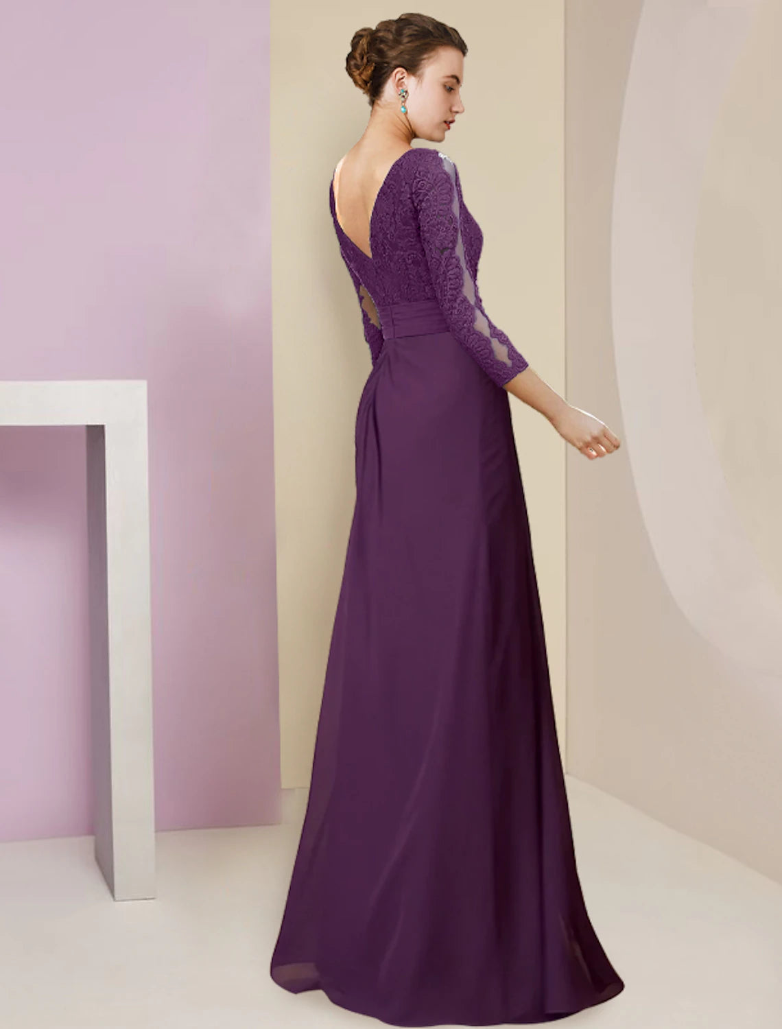 wholesale   Sheath / Column Mother of the Bride Dress Formal Elegant Scoop Neck Floor Length Chiffon Lace 3/4 Length Sleeve with Appliques Flower