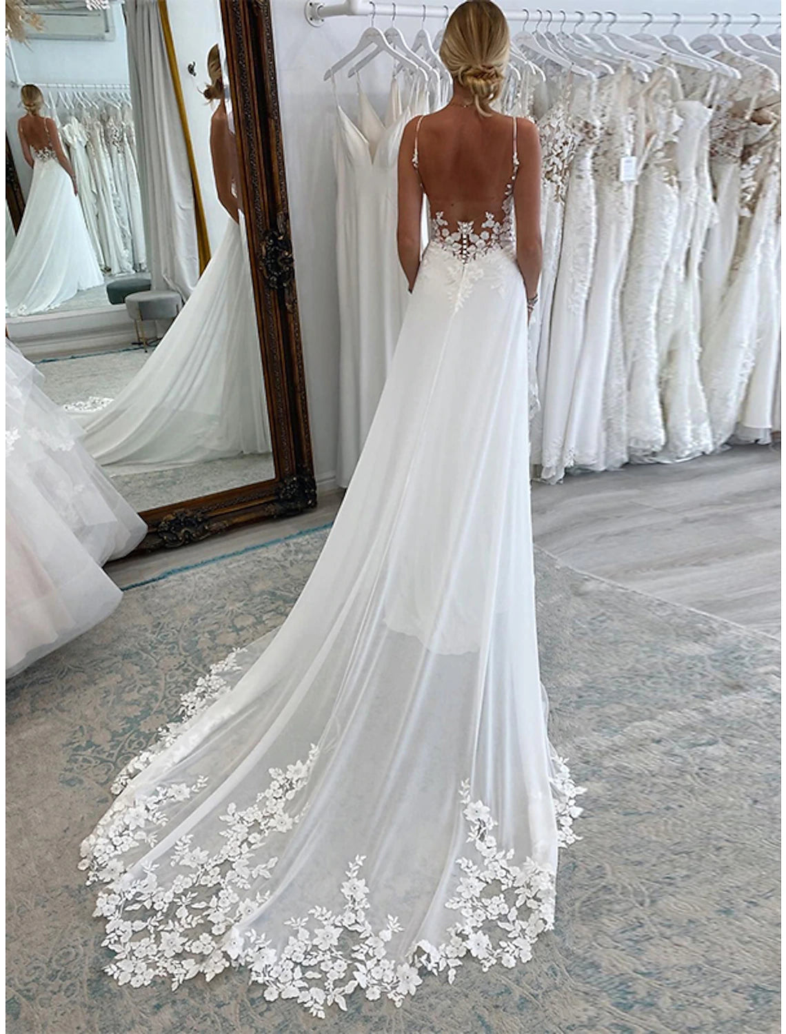 wholesale  Reception Formal Wedding Dresses A-Line Camisole Sleeveless Court Train Chiffon Bridal Suits Bridal Gowns With Appliques