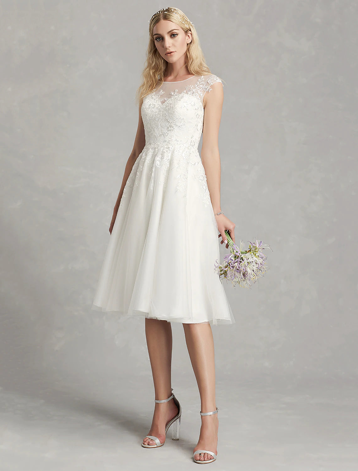 wholesale  Reception Little White Dresses Wedding Dresses A-Line Illusion Neck Cap Sleeve Knee Length Lace Bridal Gowns With Appliques