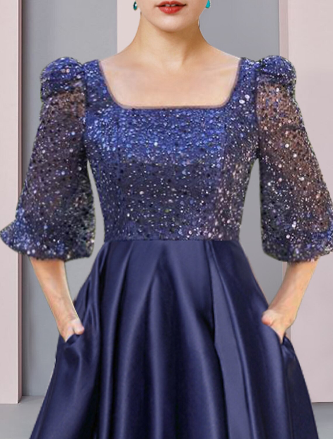 wholesale  Two Piece Sheath / Column Mother of the Bride Dress Formal Wedding Guest Elegant Sparkle & Shine High Low Square Neck Asymmetrical Tea Length Satin Lace Half Sleeve with Pleats Beading Appliques