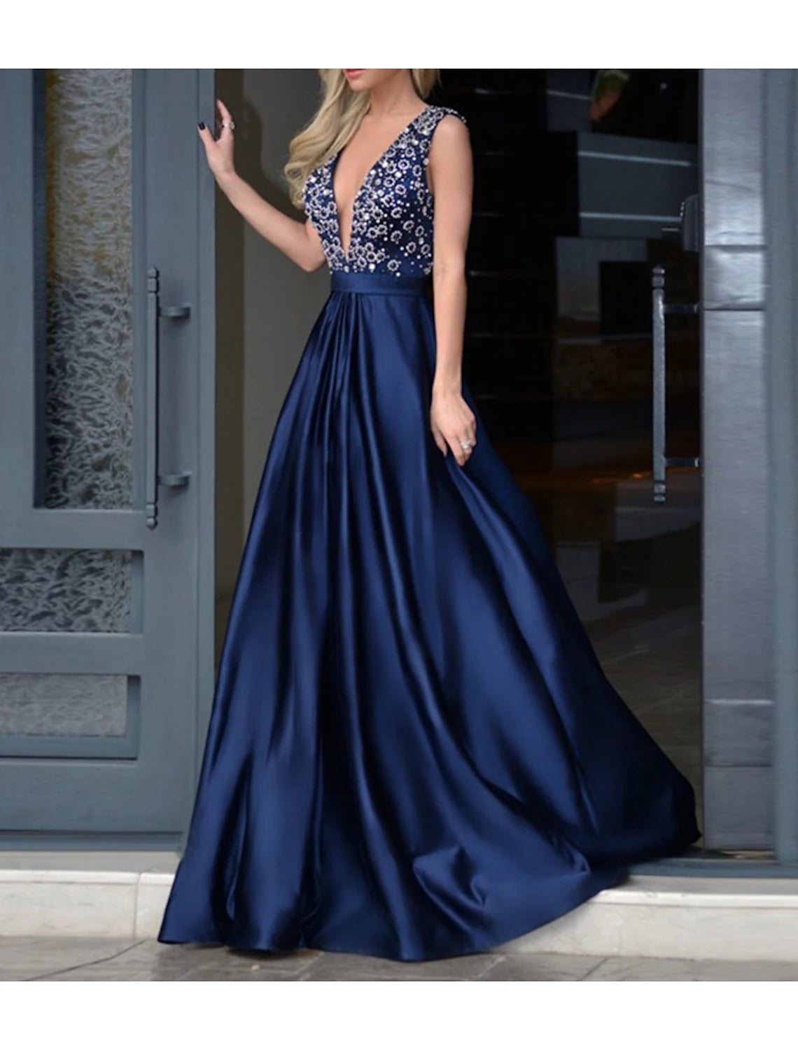 Wholesa  A-Line Prom Dresses Sparkle & Shine Dress Wedding Guest Engagement Floor Length Sleeveless V Neck Italy Satin with Pearls Beading Sequin