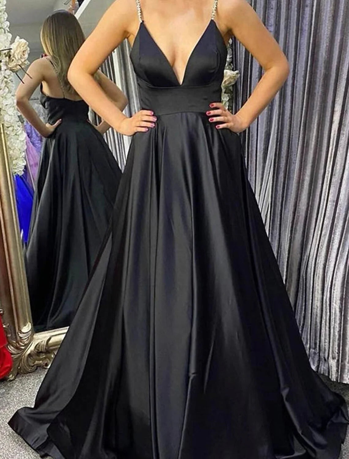 Wholesa A-Line Prom Dresses Princess Dress Formal Floor Length Sleeveless V Neck Stretch Satin Backless with Pleats