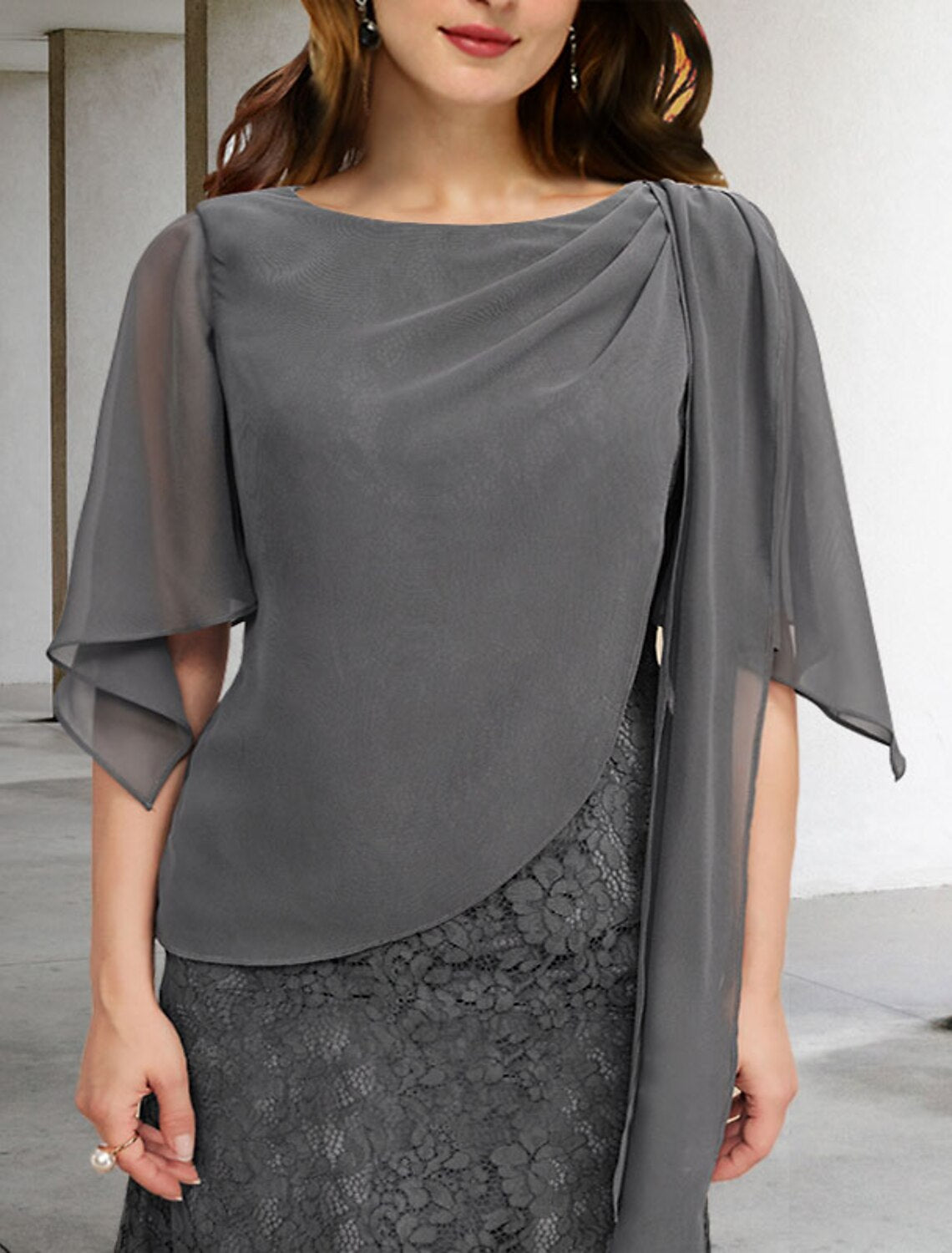 wholesale   Sheath / Column Mother of the Bride Dresses Plus Size Hide Belly Curve Elegant Dress Formal Floor Length Half Sleeve Jewel Neck Chiffon with Splicing