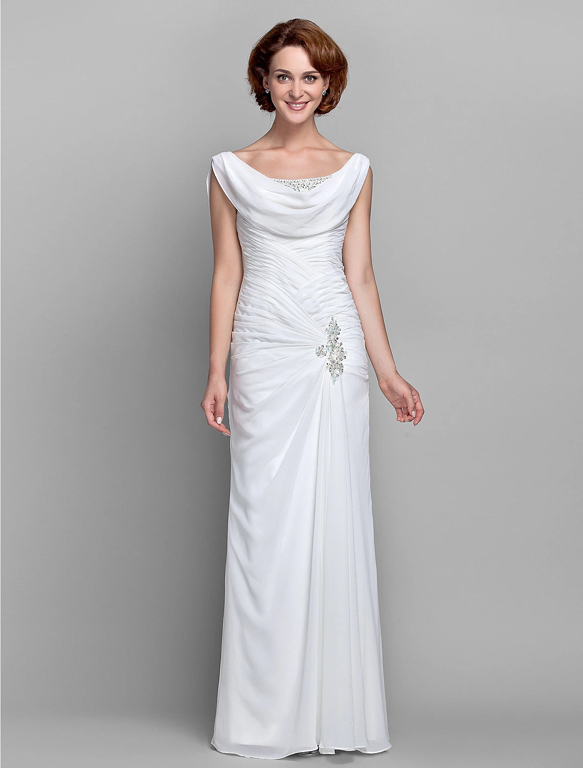 wholesale  Sheath / Column Mother of the Bride Dress Fall Wedding Guest Dresses Vintage Inspired Cowl Neck Floor Length Chiffon Sleeveless with Buttons Criss Cross Crystals