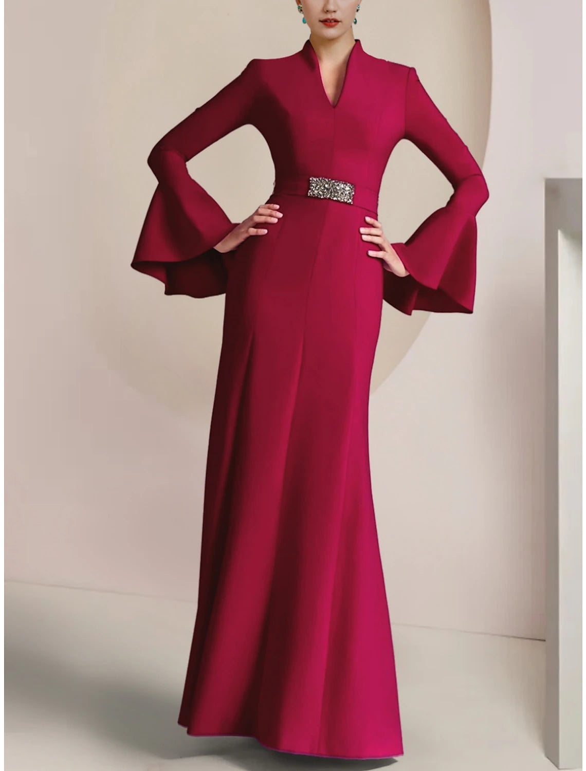Wholesa A-Line Mother of the Bride Dress Wedding Guest Elegant Party V Neck Floor Length Stretch Chiffon Long Sleeve with Pleats Crystal Brooch