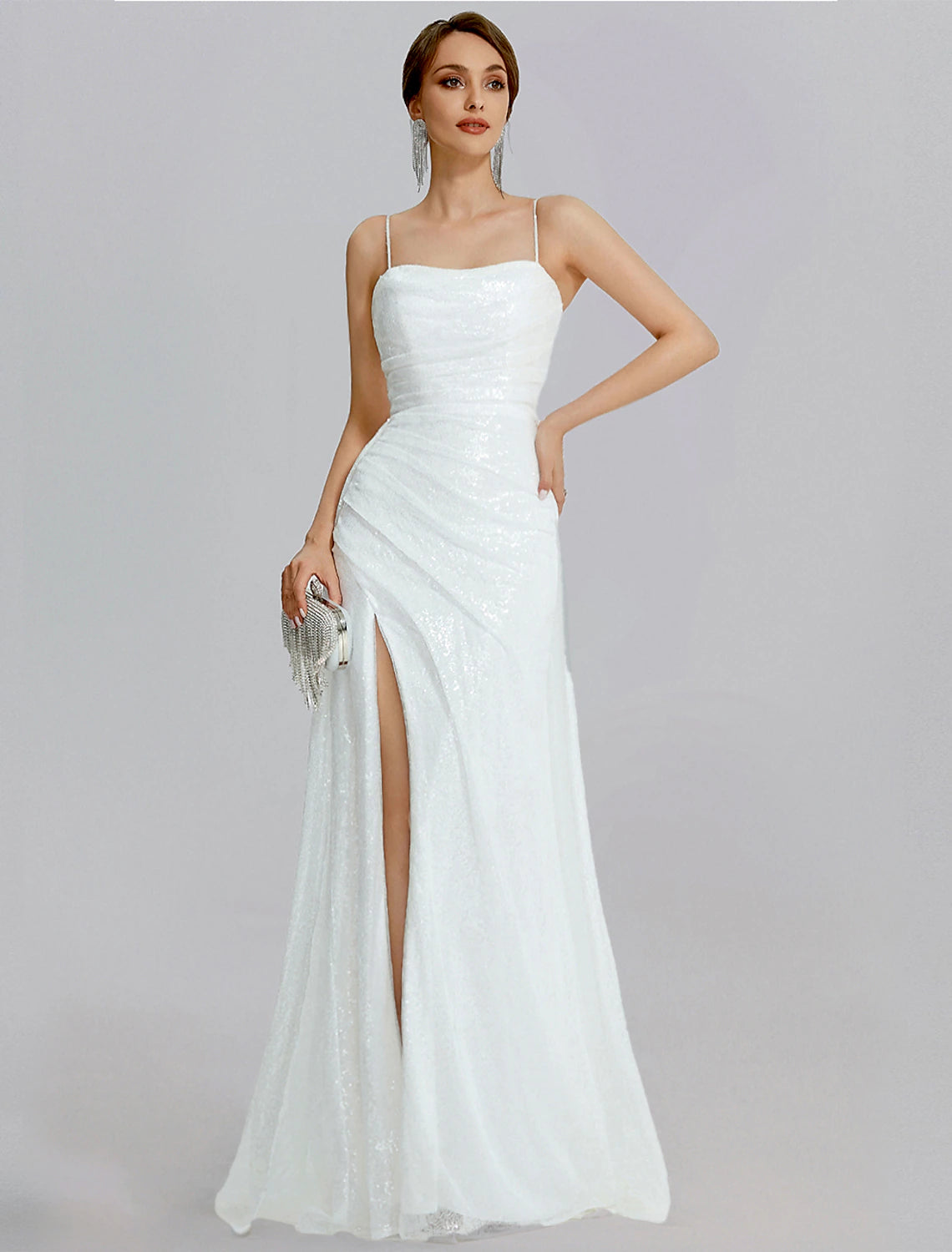 Wholesa  Mermaid / Trumpet Prom Dresses Sparkle Dress Wedding Floor Length Sleeveless Cowl Neck Sequined with Ruched Slit