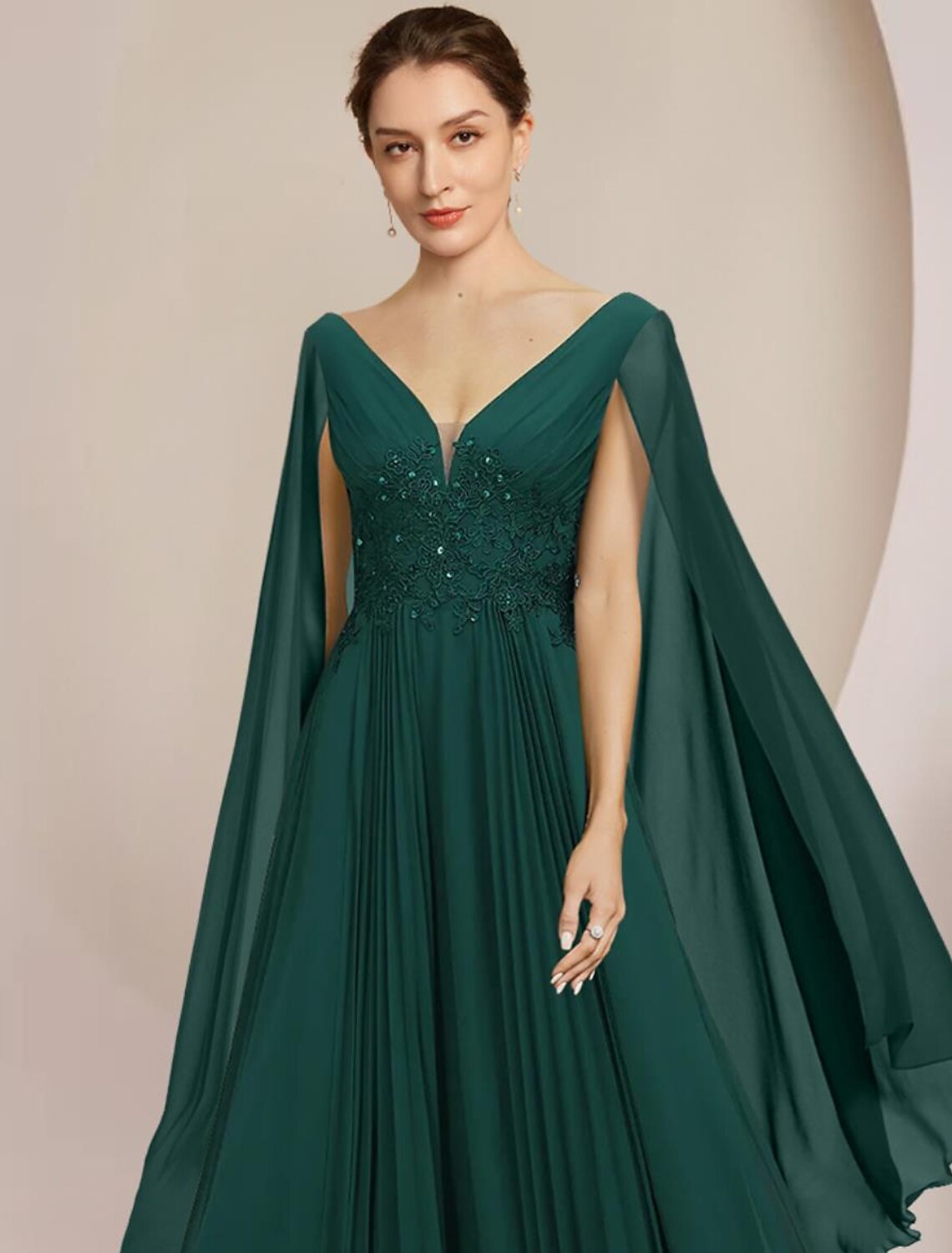 Wholesa  A-Line Mother of the Bride Dress Formal Wedding Guest Elegant V Neck Floor Length Chiffon Lace Sleeveless with Pleats Sequin Appliques